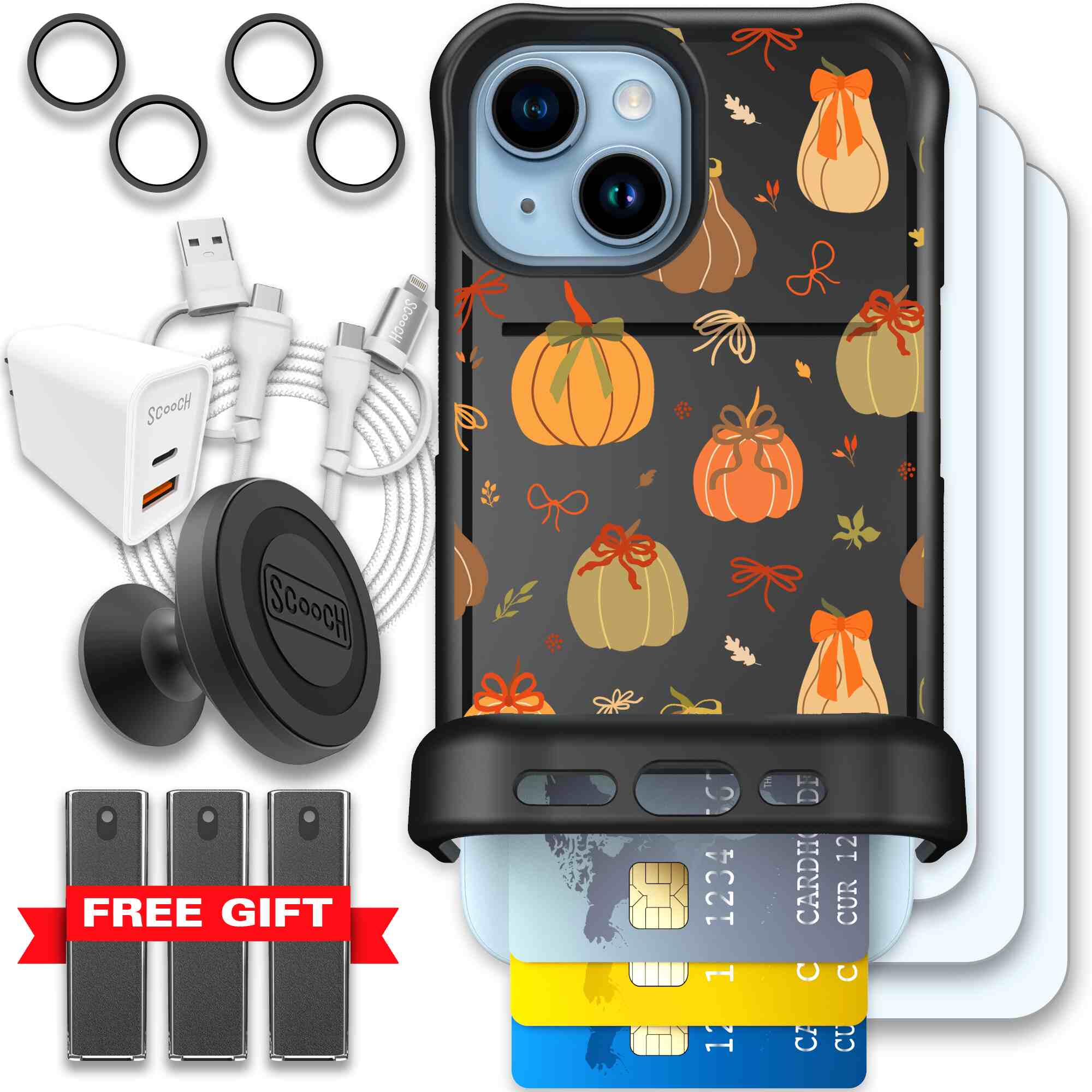 Pretty Pumpkins orange pumpkin and bow pattern on a Scooch Wingmate case for iPhone 15 - Ultimate Bundle
