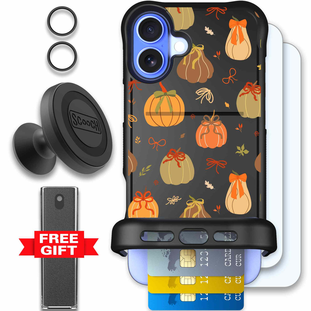 Pretty Pumpkins orange pumpkin and bow pattern on a Scooch Wingmate case for iPhone 16 Plus - Defender Bundle