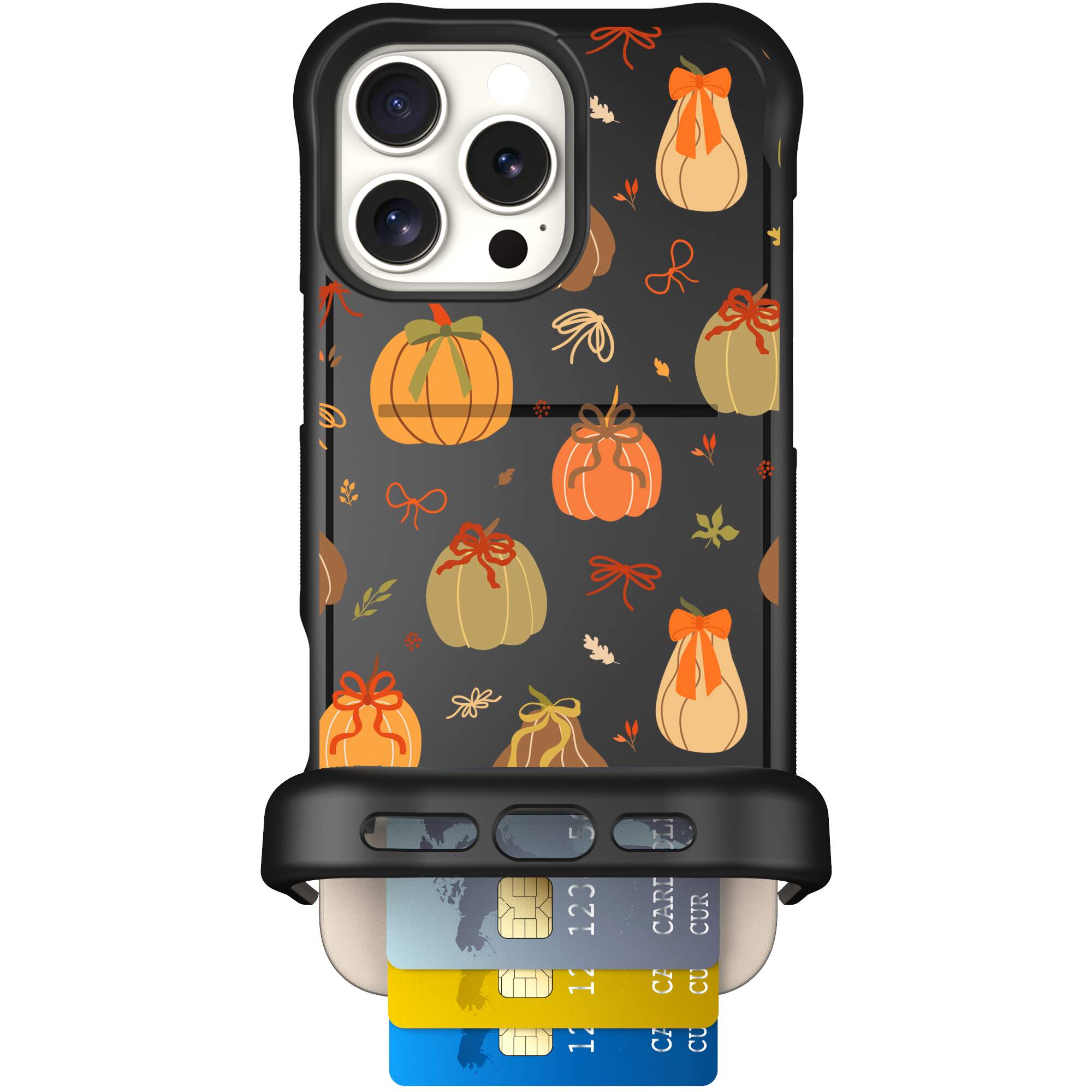 Pretty Pumpkins orange pumpkin and bow pattern on a Scooch Wingmate case for iPhone 16 Pro Max