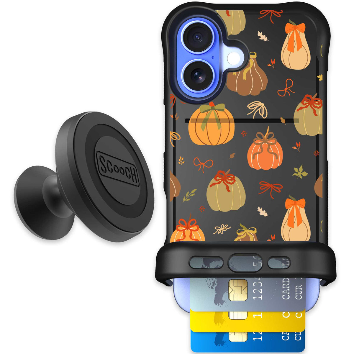 Pretty Pumpkins orange pumpkin and bow pattern on a Scooch Wingmate case for iPhone 16 - Starter Bundle