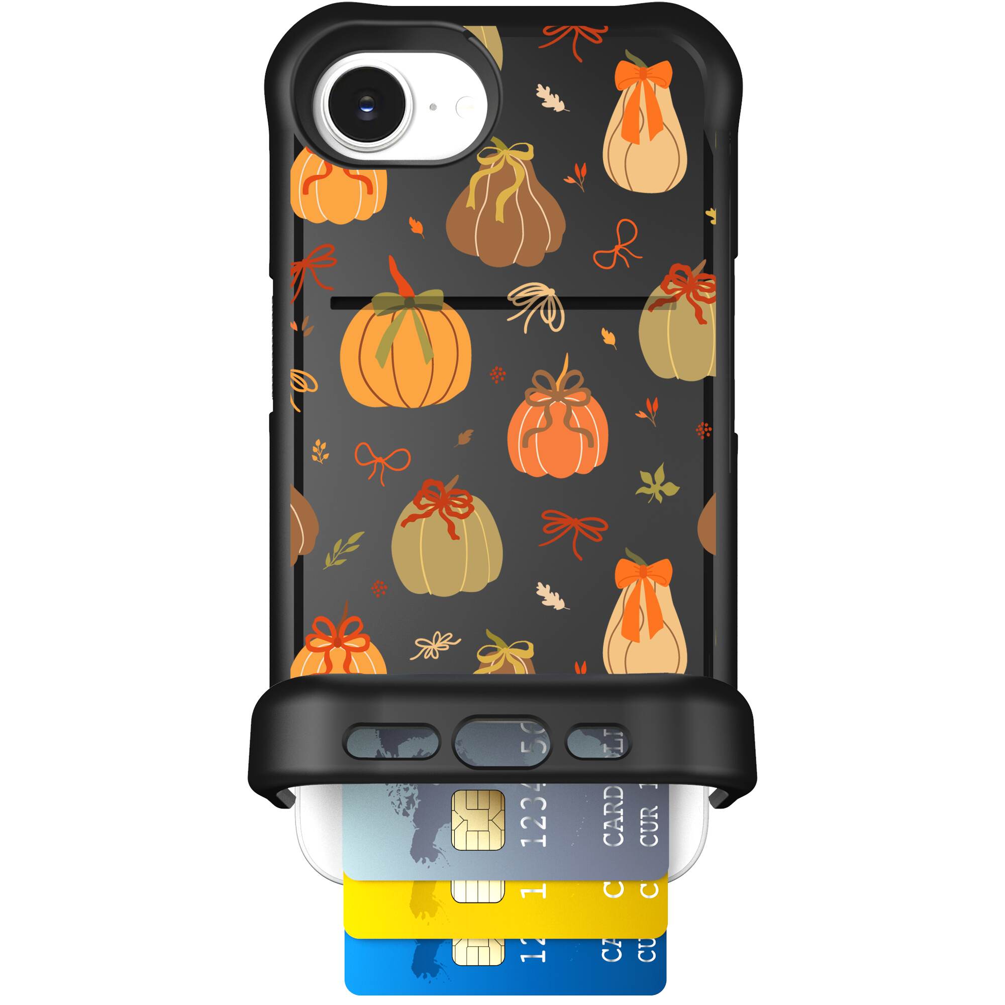 Pretty Pumpkins orange pumpkin and bow pattern on a Scooch Wingmate case for iPhone 17e