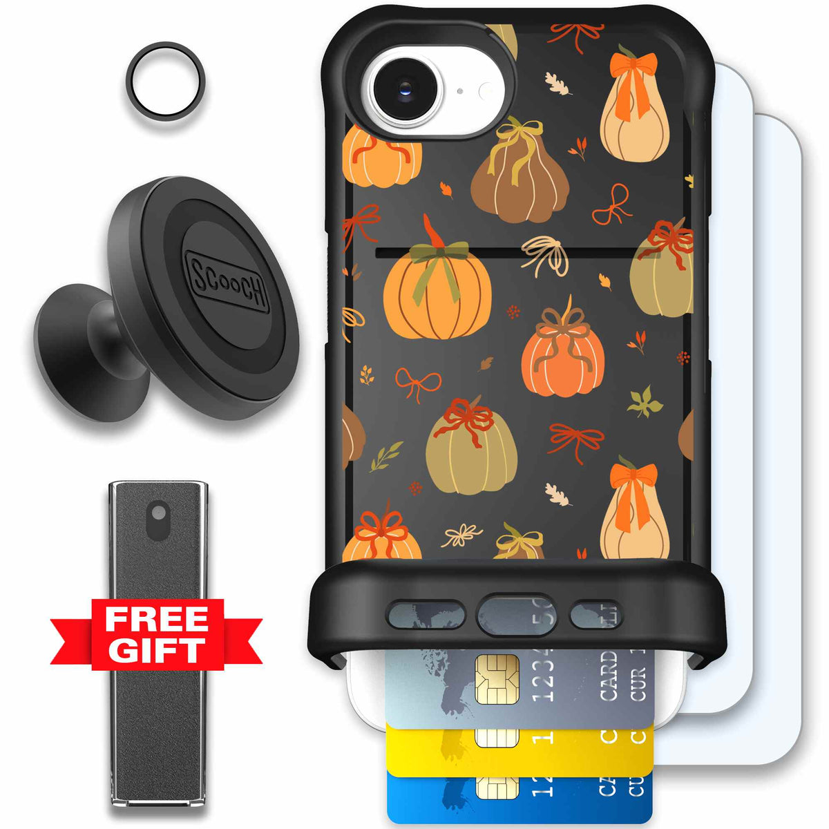 Pretty Pumpkins orange pumpkin and bow pattern on a Scooch Wingmate case for iPhone 17e - Defender Bundle