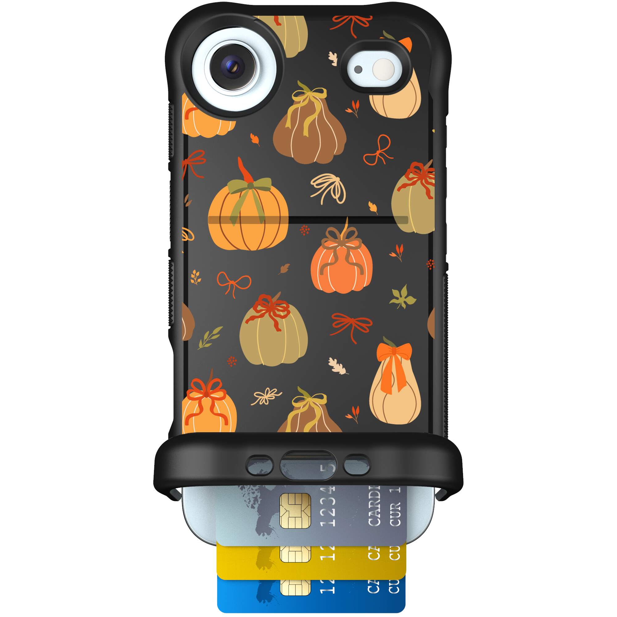 Pretty Pumpkins orange pumpkin and bow pattern on a Scooch Wingmate case for iPhone Air
