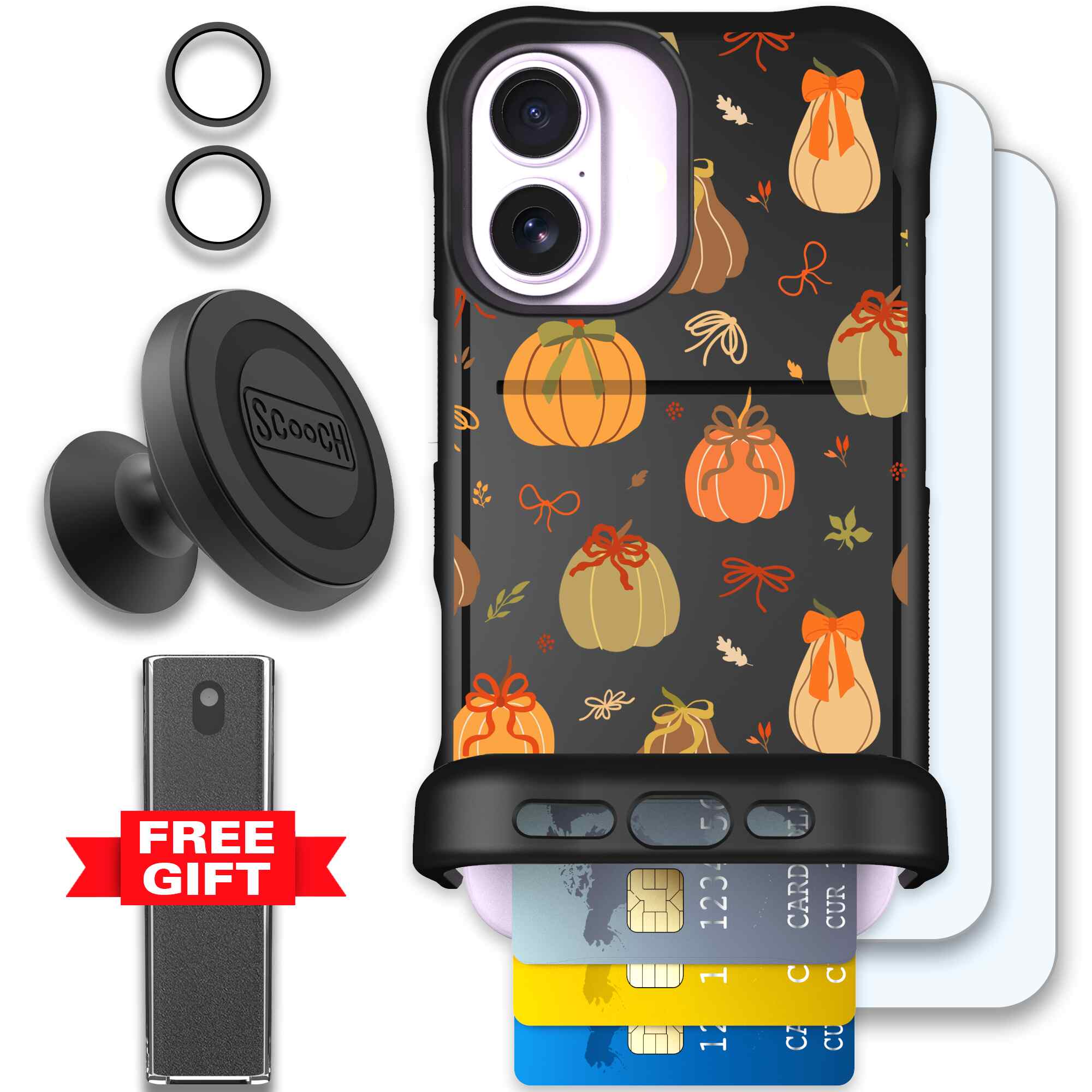 Pretty Pumpkins orange pumpkin and bow pattern on a Scooch Wingmate case for iPhone 17 - Defender Bundle