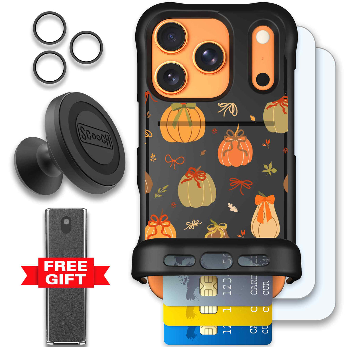 Pretty Pumpkins orange pumpkin and bow pattern on a Scooch Wingmate case for iPhone 17 Pro - Defender Bundle