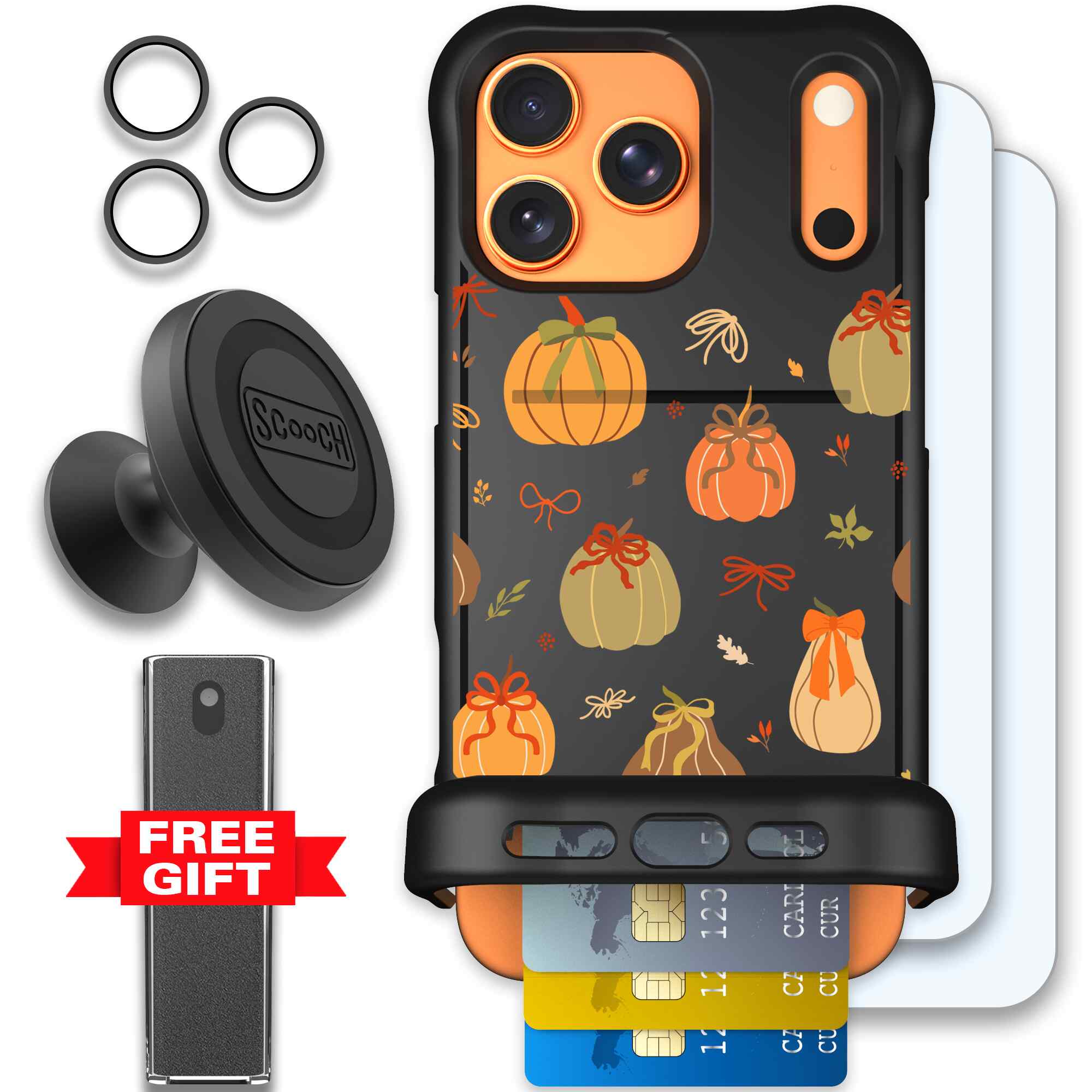 Pretty Pumpkins orange pumpkin and bow pattern on a Scooch Wingmate case for iPhone 17 Pro Max - Defender Bundle