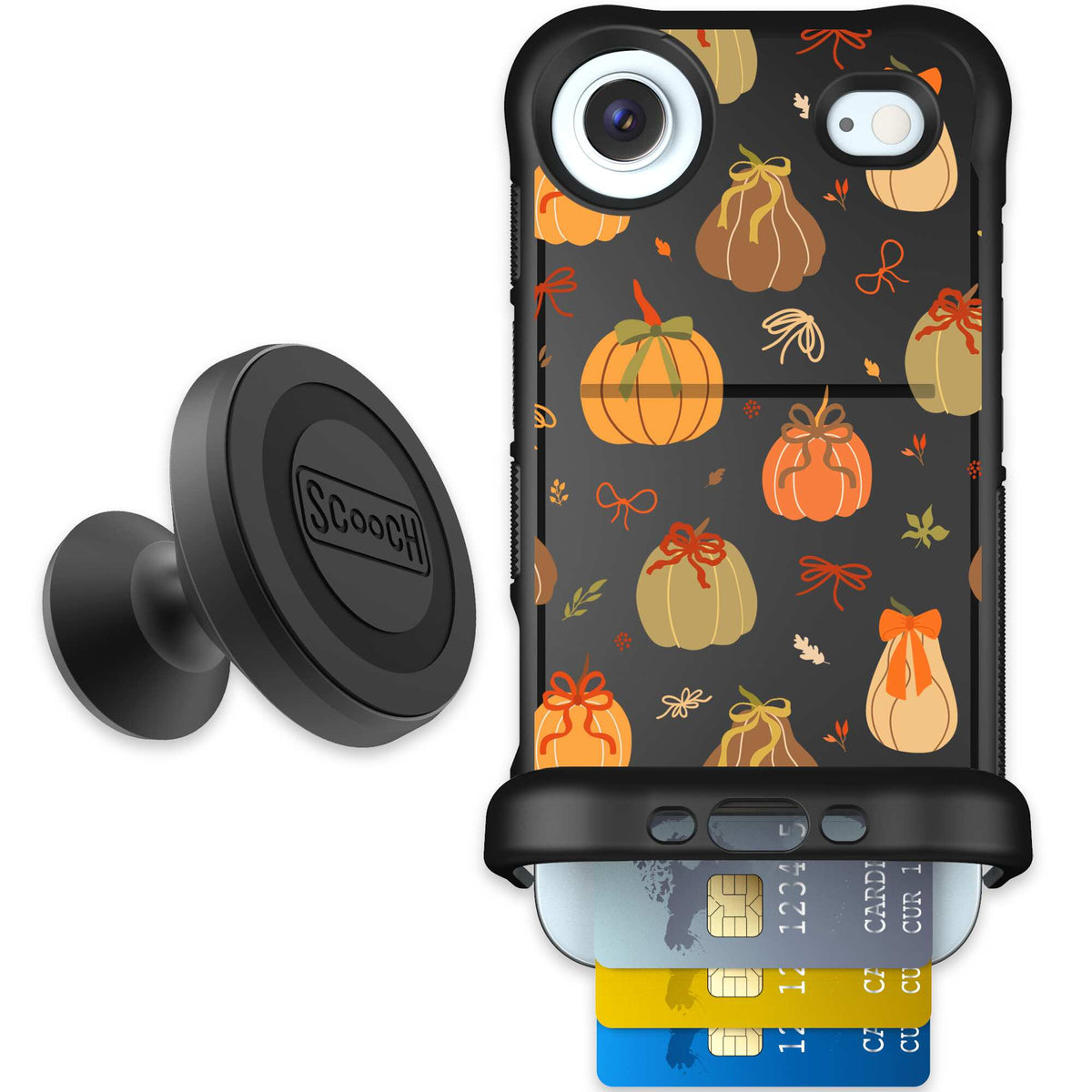 Pretty Pumpkins orange pumpkin and bow pattern on a Scooch Wingmate case for iPhone Air - Starter Bundle