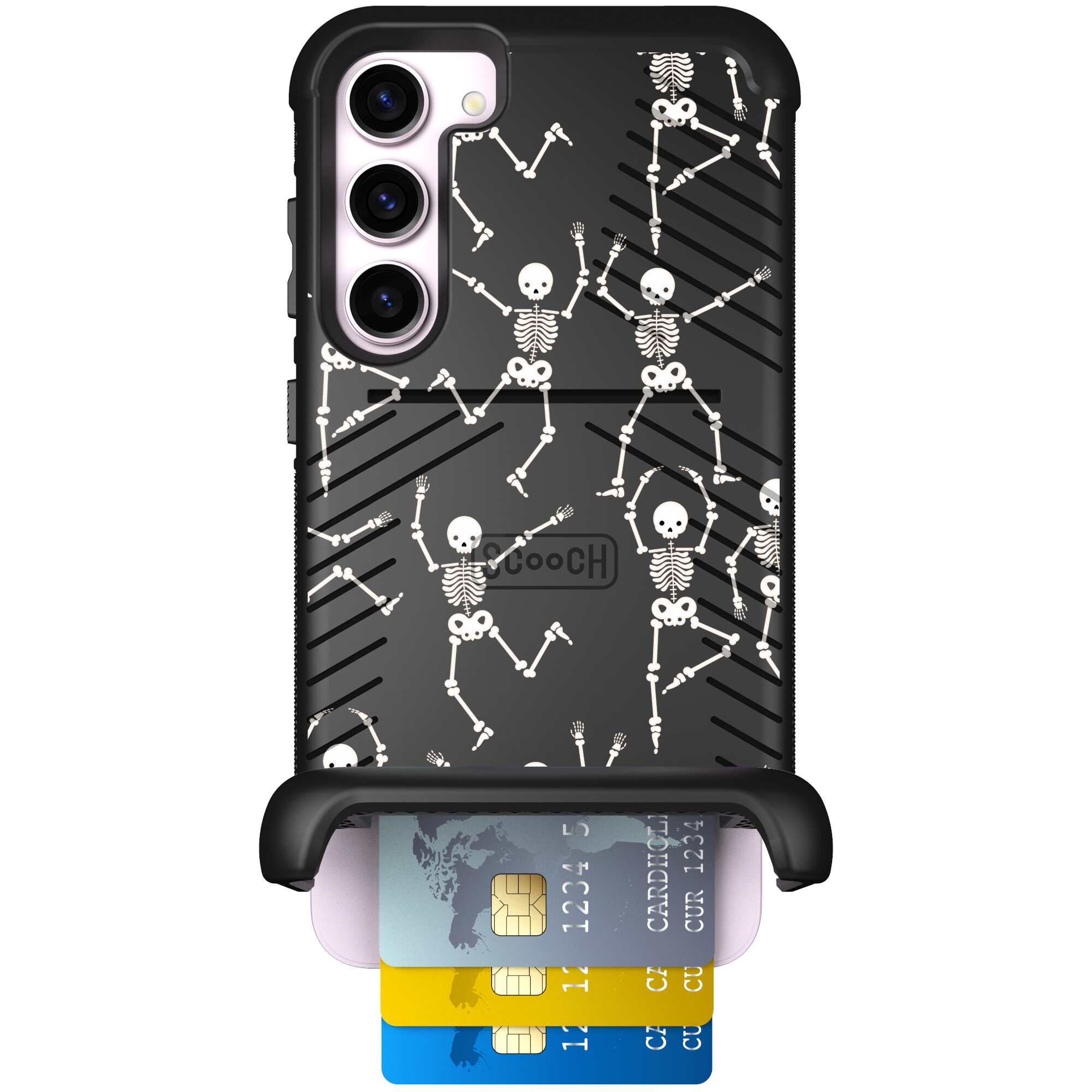 Swinging Skeletons white dancing skeleton pattern on a black Scooch Wingmate case for Galaxy S23+