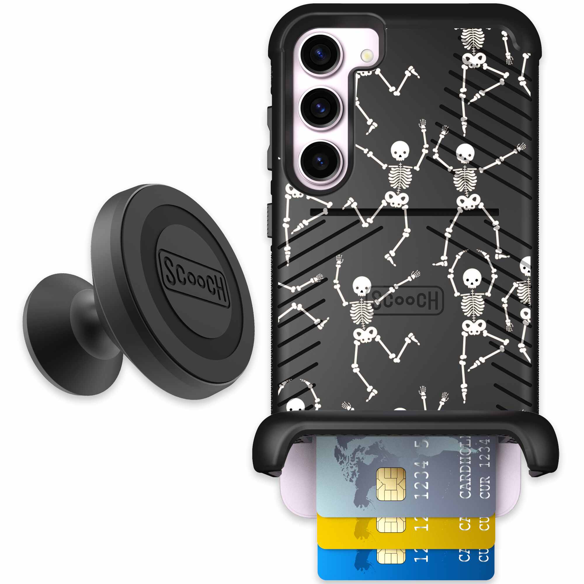 Swinging Skeletons white dancing skeleton pattern on a black Scooch Wingmate case for Galaxy S23+ - Starter Bundle