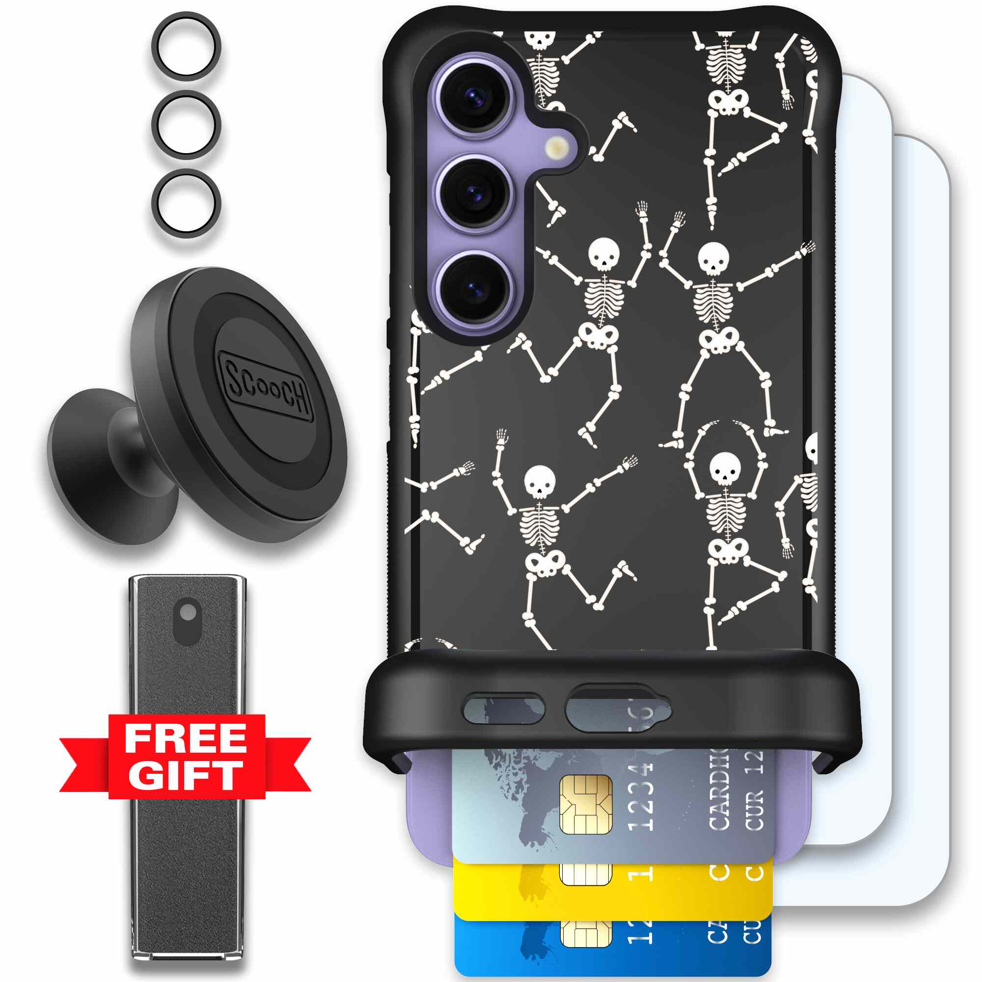 Swinging Skeletons white dancing skeleton pattern on a black Scooch Wingmate case for Galaxy S24 - Defender Bundle