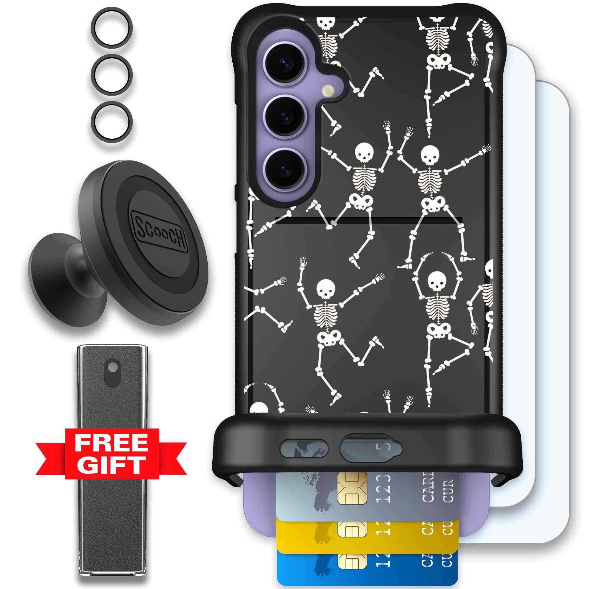 Swinging Skeletons white dancing skeleton pattern on a black Scooch Wingmate case for Galaxy S24+ - Defender Bundle