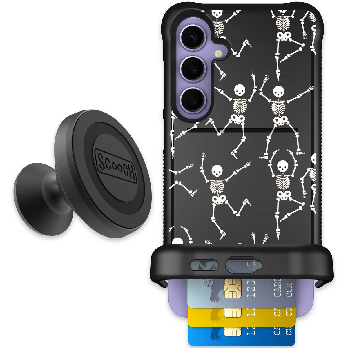 Swinging Skeletons white dancing skeleton pattern on a black Scooch Wingmate case for Galaxy S24+ - Starter Bundle