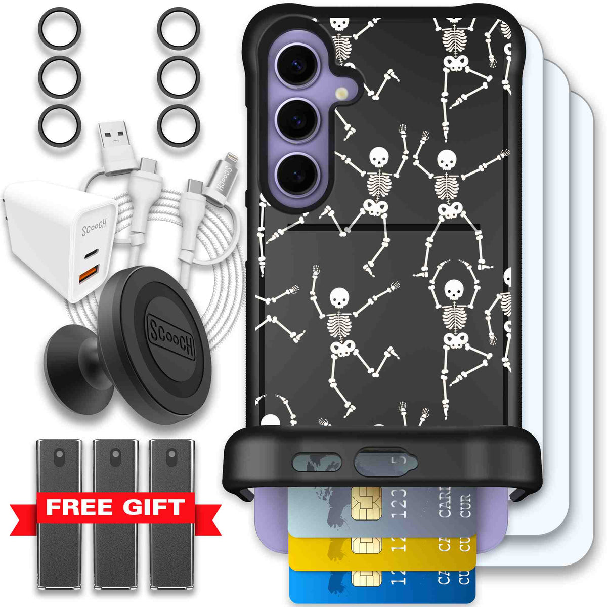 Swinging Skeletons white dancing skeleton pattern on a black Scooch Wingmate case for Galaxy S24+ - Ultimate Bundle