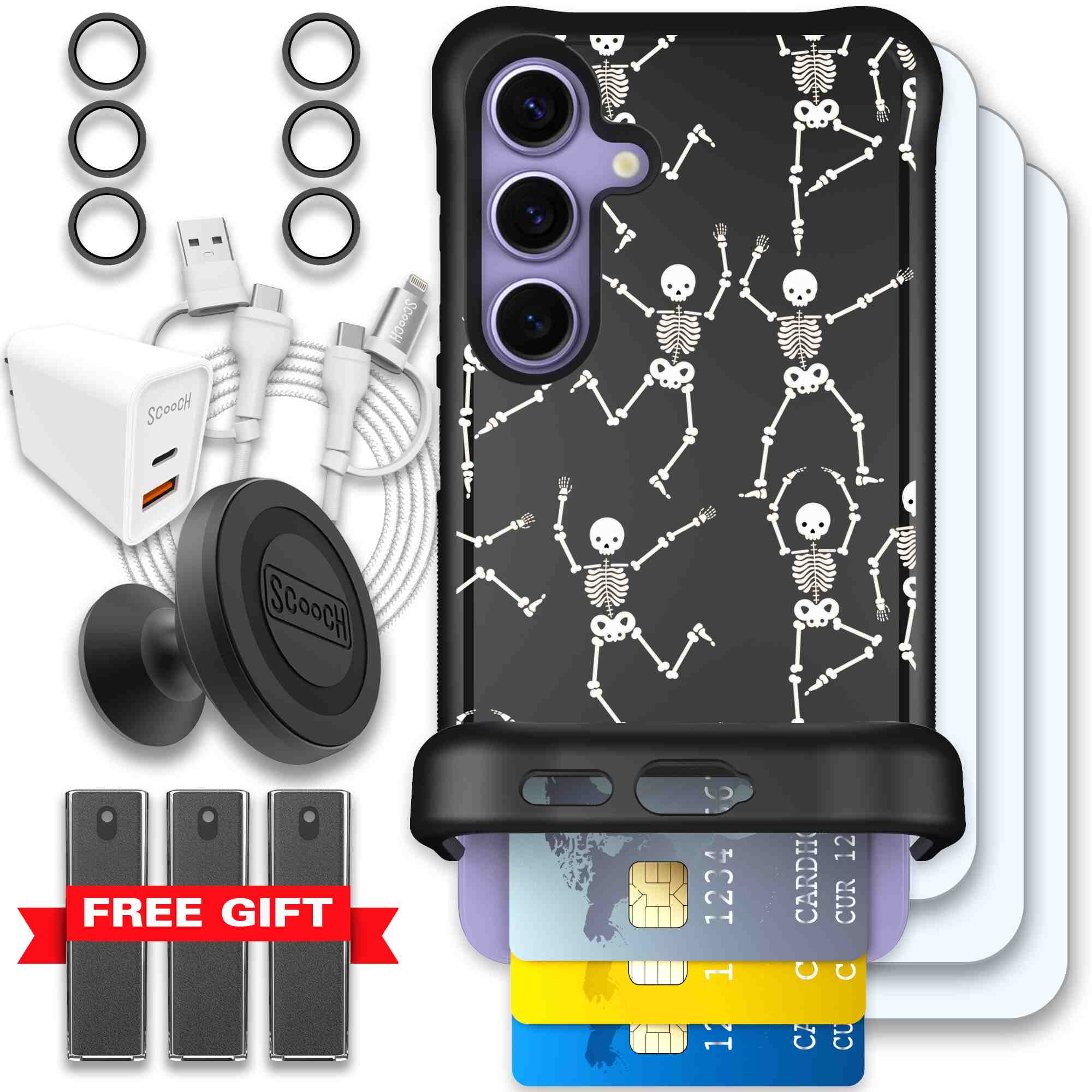 Swinging Skeletons white dancing skeleton pattern on a black Scooch Wingmate case for Galaxy S24 - Ultimate Bundle
