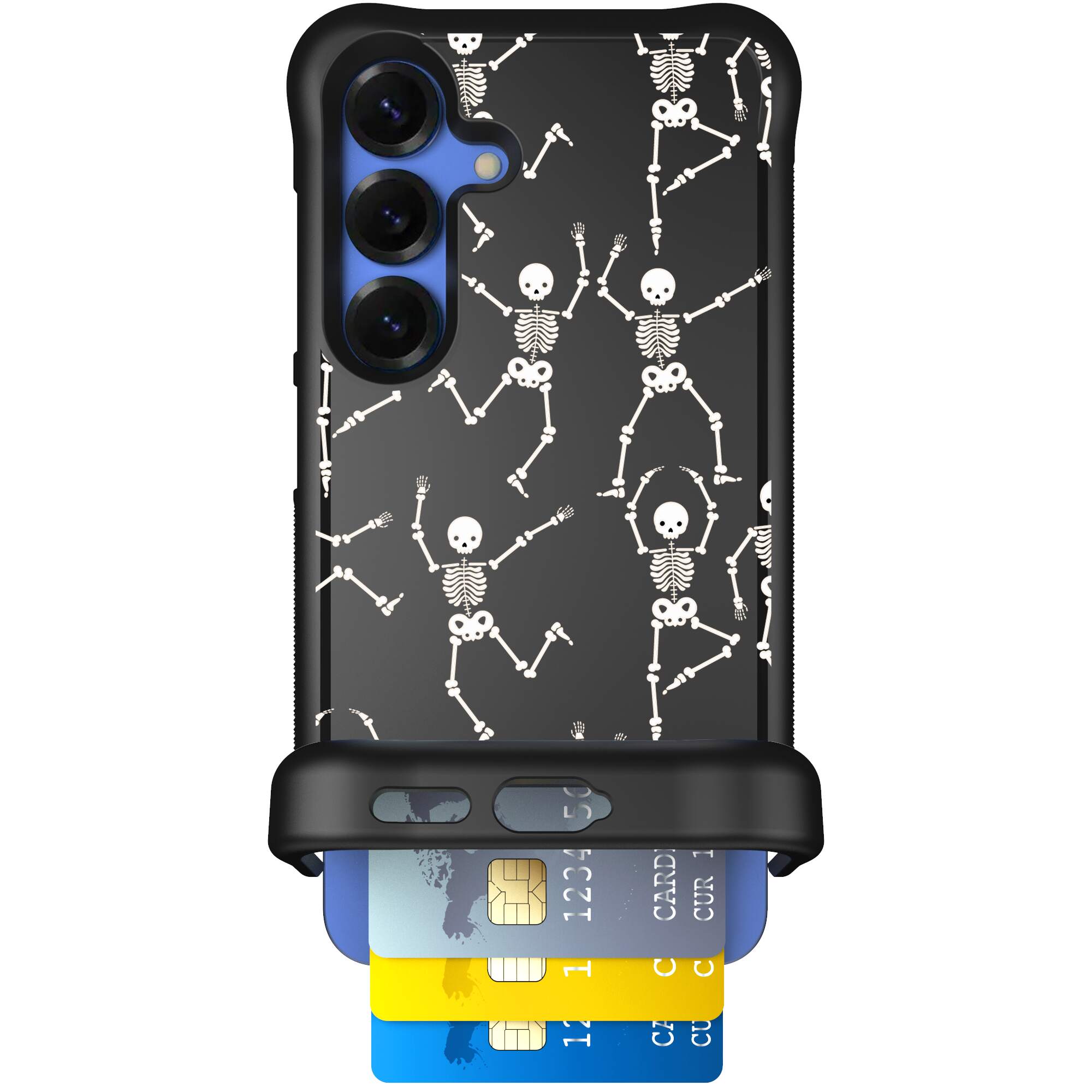 Swinging Skeletons white dancing skeleton pattern on a black Scooch Wingmate case for Galaxy S25