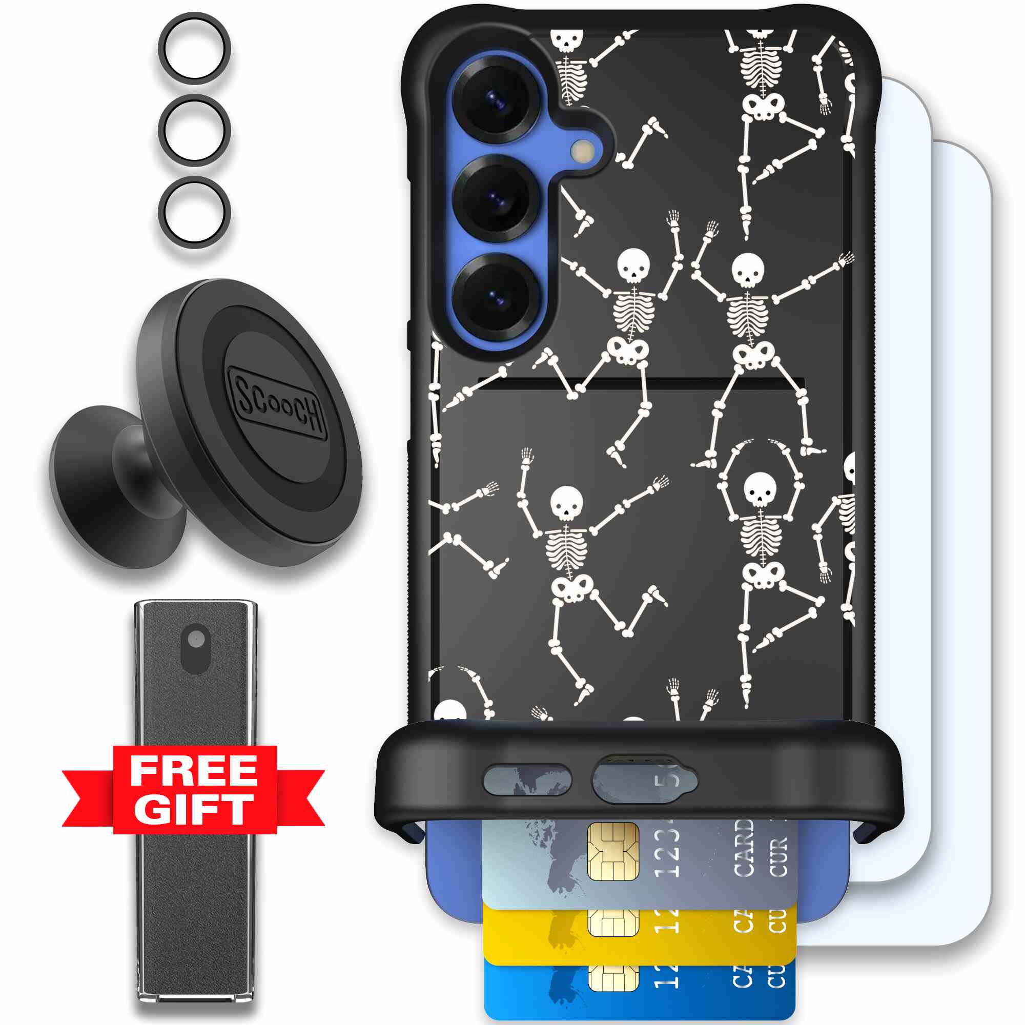 Swinging Skeletons white dancing skeleton pattern on a black Scooch Wingmate case for Galaxy S25+ - Defender Bundle