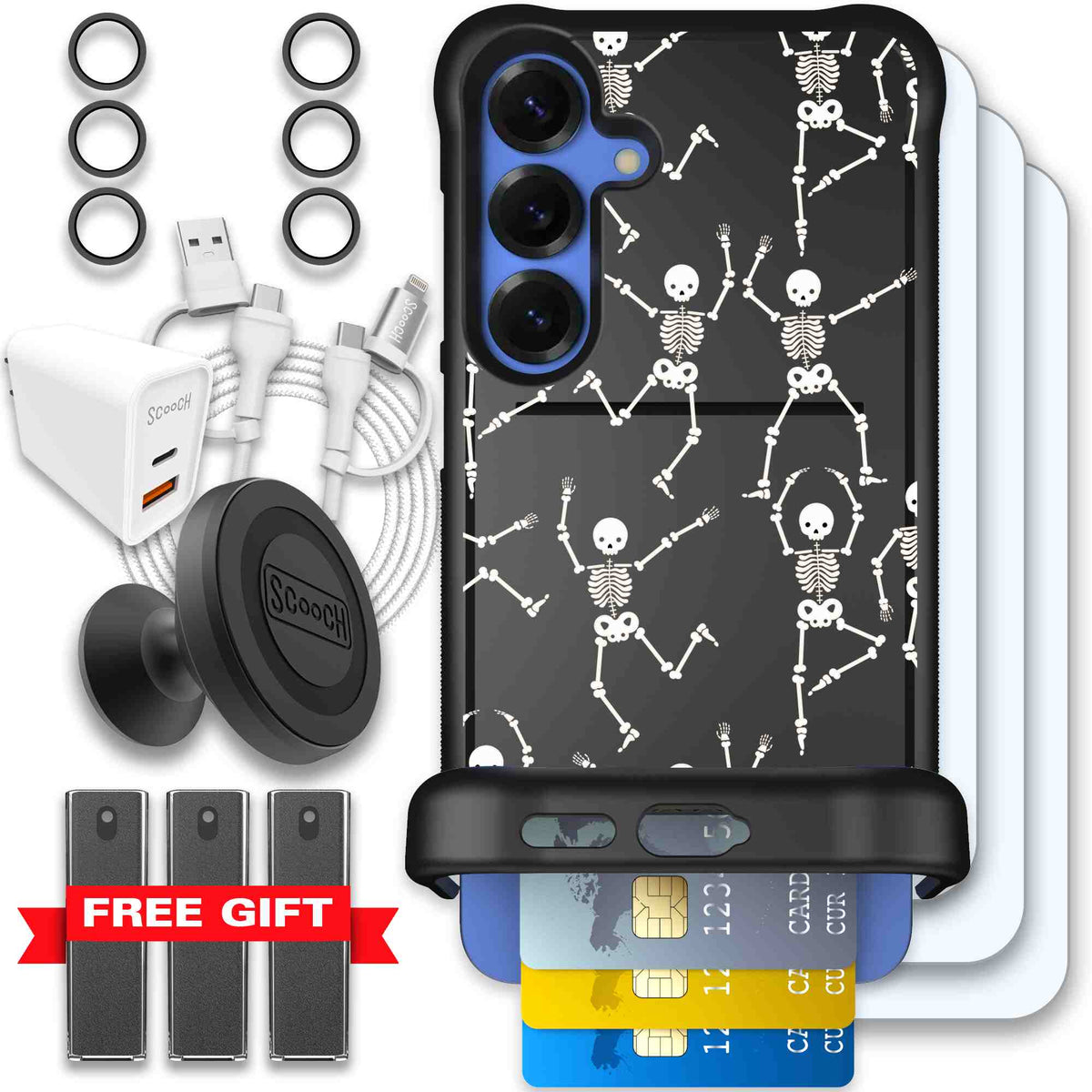 Swinging Skeletons white dancing skeleton pattern on a black Scooch Wingmate case for Galaxy S25+ - Ultimate Bundle