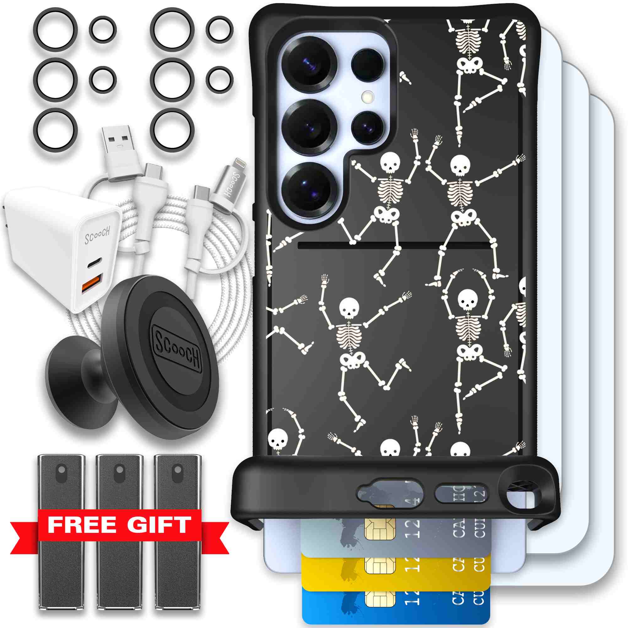 Swinging Skeletons white dancing skeleton pattern on a black Scooch Wingmate case for Galaxy S25 Ultra - Ultimate Bundle