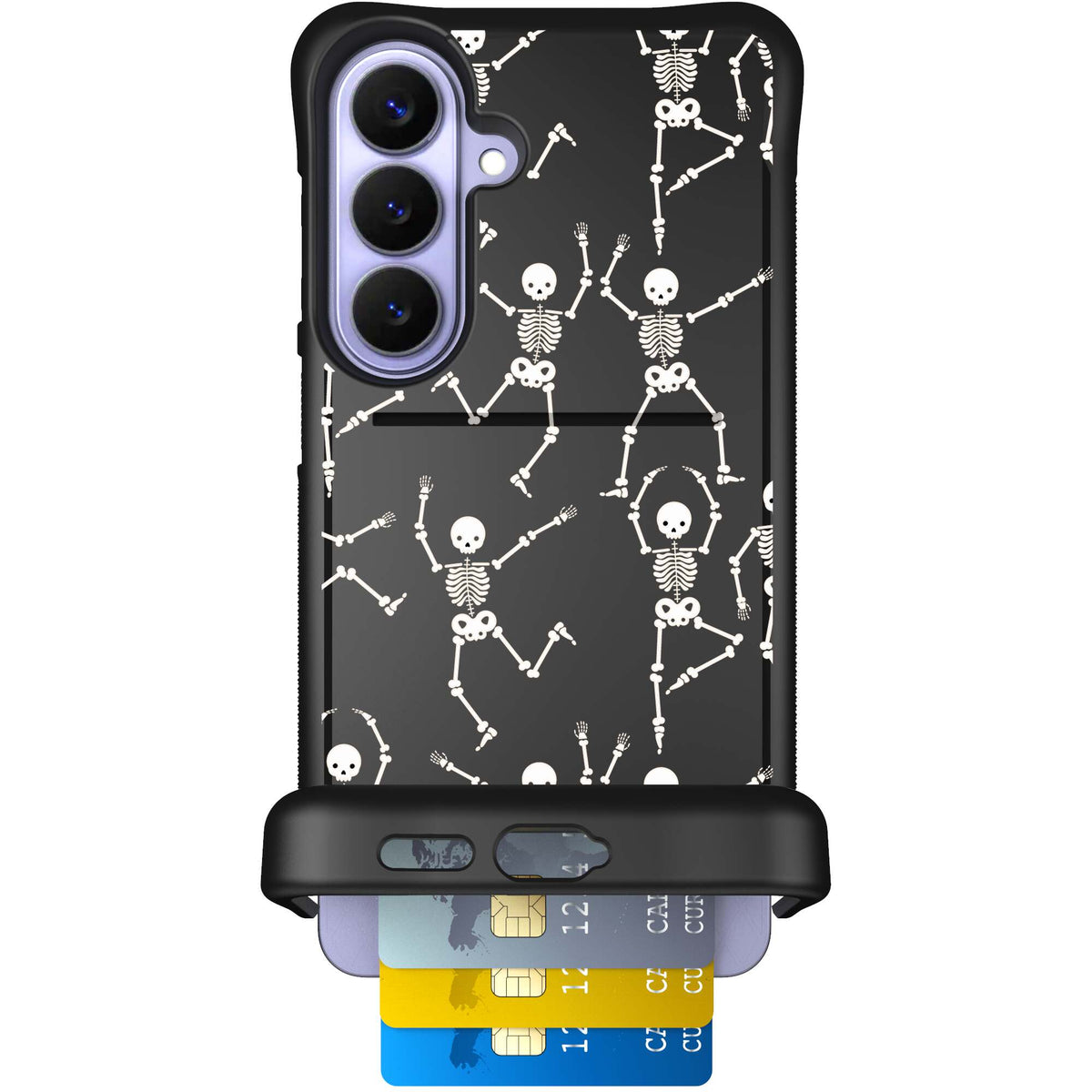 Swinging Skeletons white dancing skeleton pattern on a black Scooch Wingmate case for Galaxy S26+