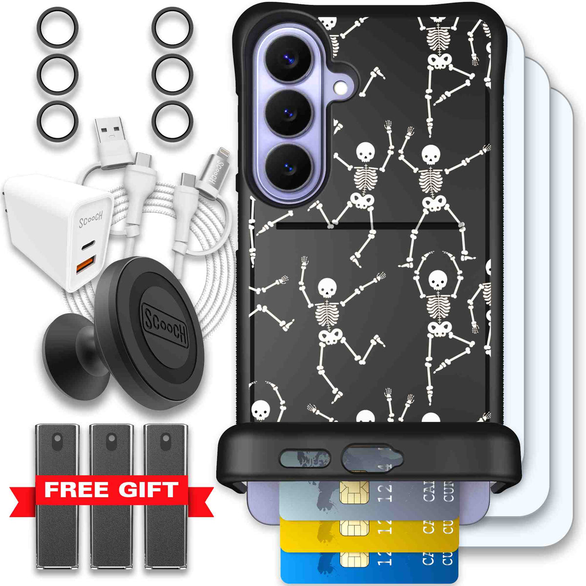 Swinging Skeletons white dancing skeleton pattern on a black Scooch Wingmate case for Galaxy S26+ - Ultimate Bundle