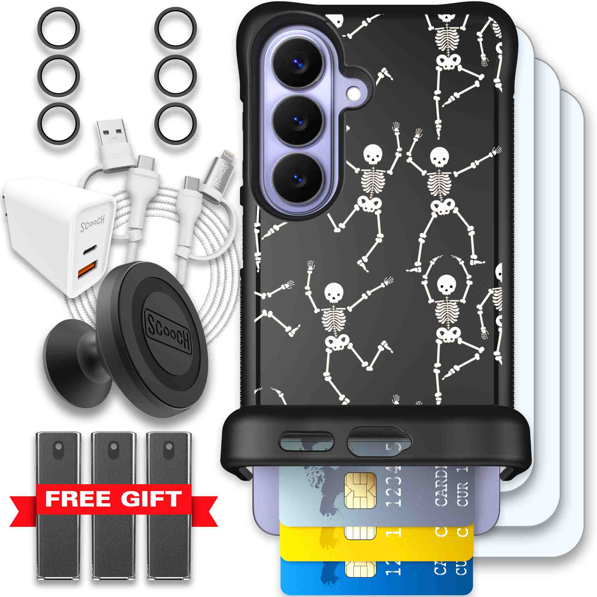 Swinging Skeletons white dancing skeleton pattern on a black Scooch Wingmate case for Galaxy S26 - Ultimate Bundle