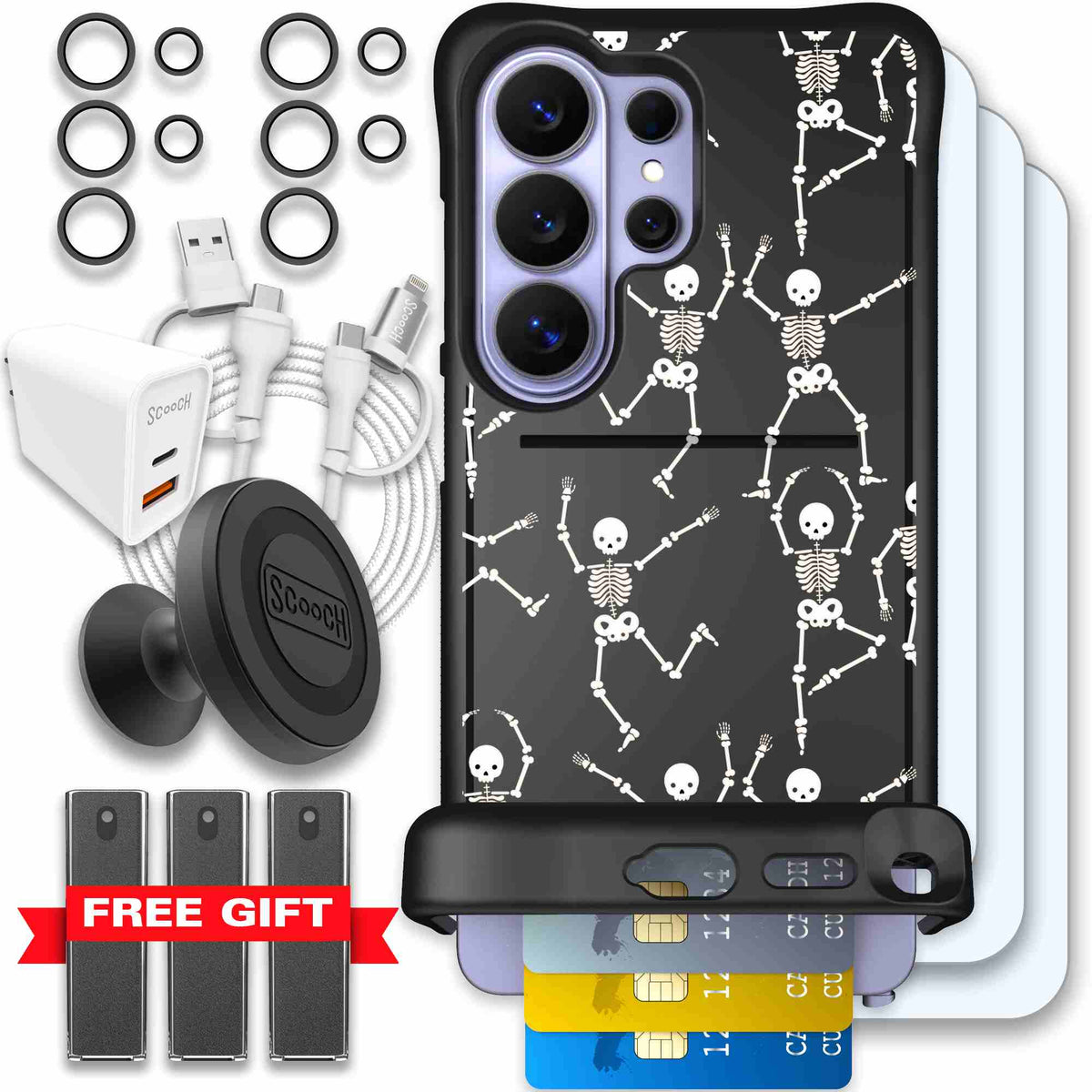 Swinging Skeletons white dancing skeleton pattern on a black Scooch Wingmate case for Galaxy S26 Ultra - Ultimate Bundle