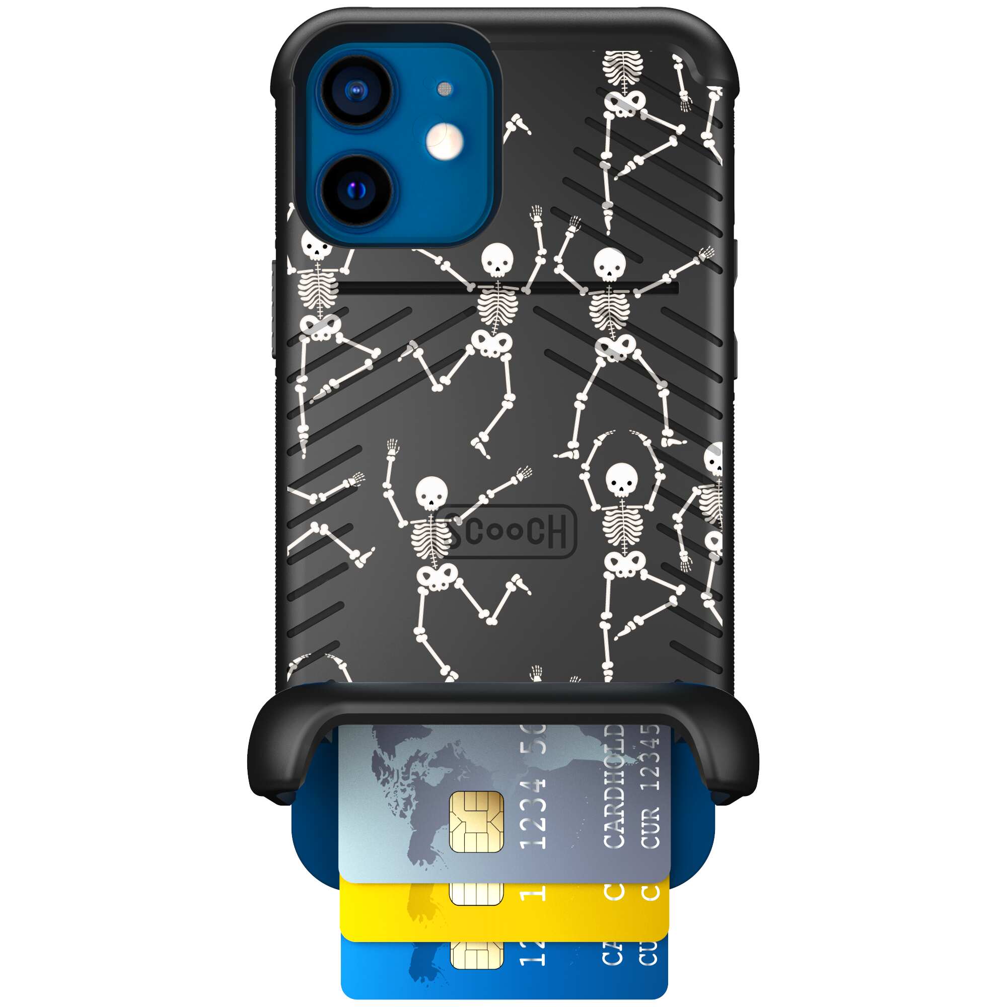 Swinging Skeletons white dancing skeleton pattern on a black Scooch Wingmate case for iPhone 12