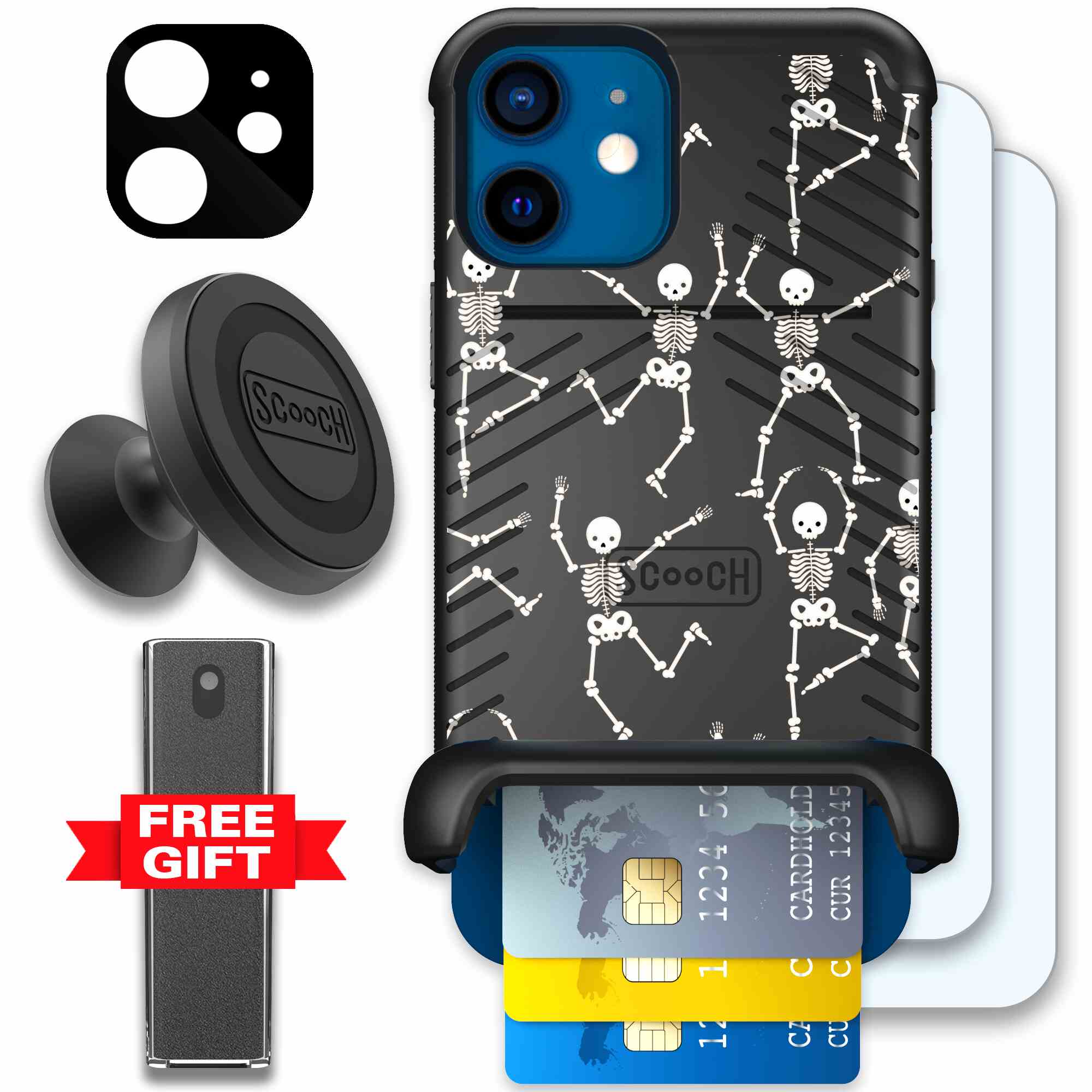 Swinging Skeletons white dancing skeleton pattern on a black Scooch Wingmate case for iPhone 12 - Defender Bundle