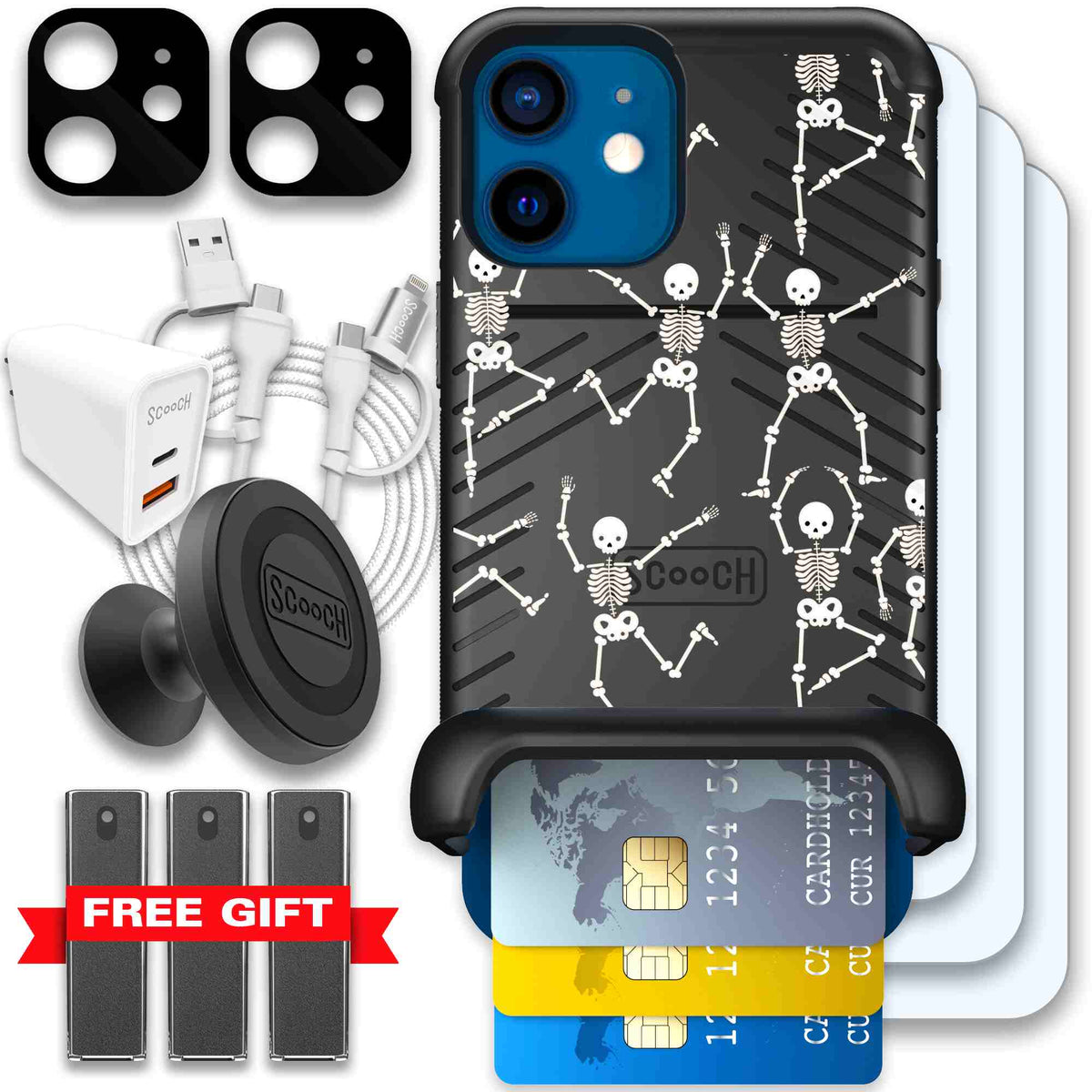 Swinging Skeletons white dancing skeleton pattern on a black Scooch Wingmate case for iPhone 12 mini - Ultimate Bundle
