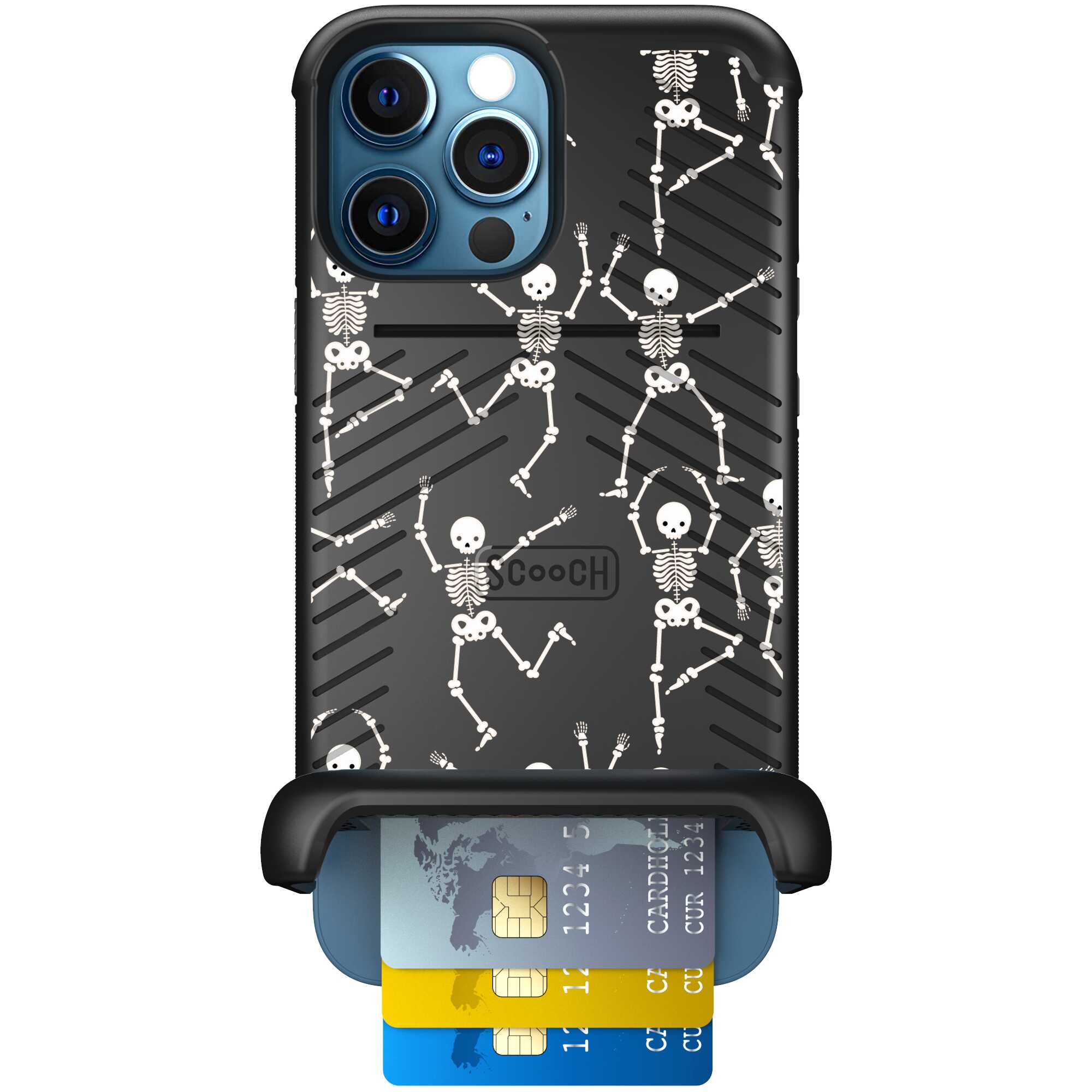 Swinging Skeletons white dancing skeleton pattern on a black Scooch Wingmate case for iPhone 12 Pro Max