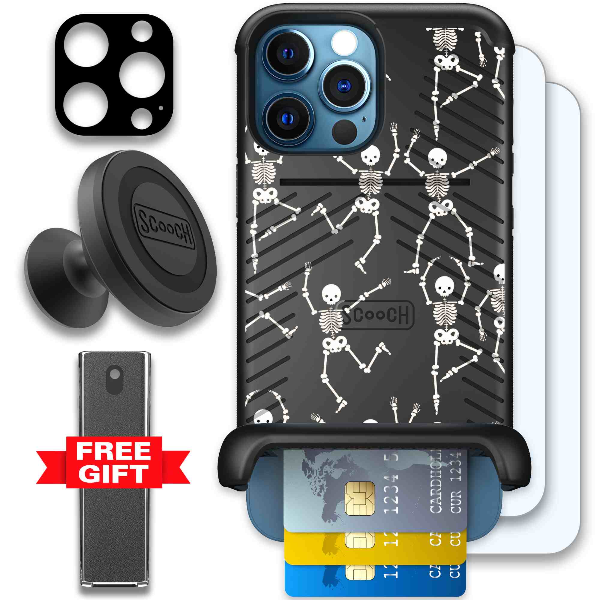 Swinging Skeletons white dancing skeleton pattern on a black Scooch Wingmate case for iPhone 12 Pro Max - Defender Bundle