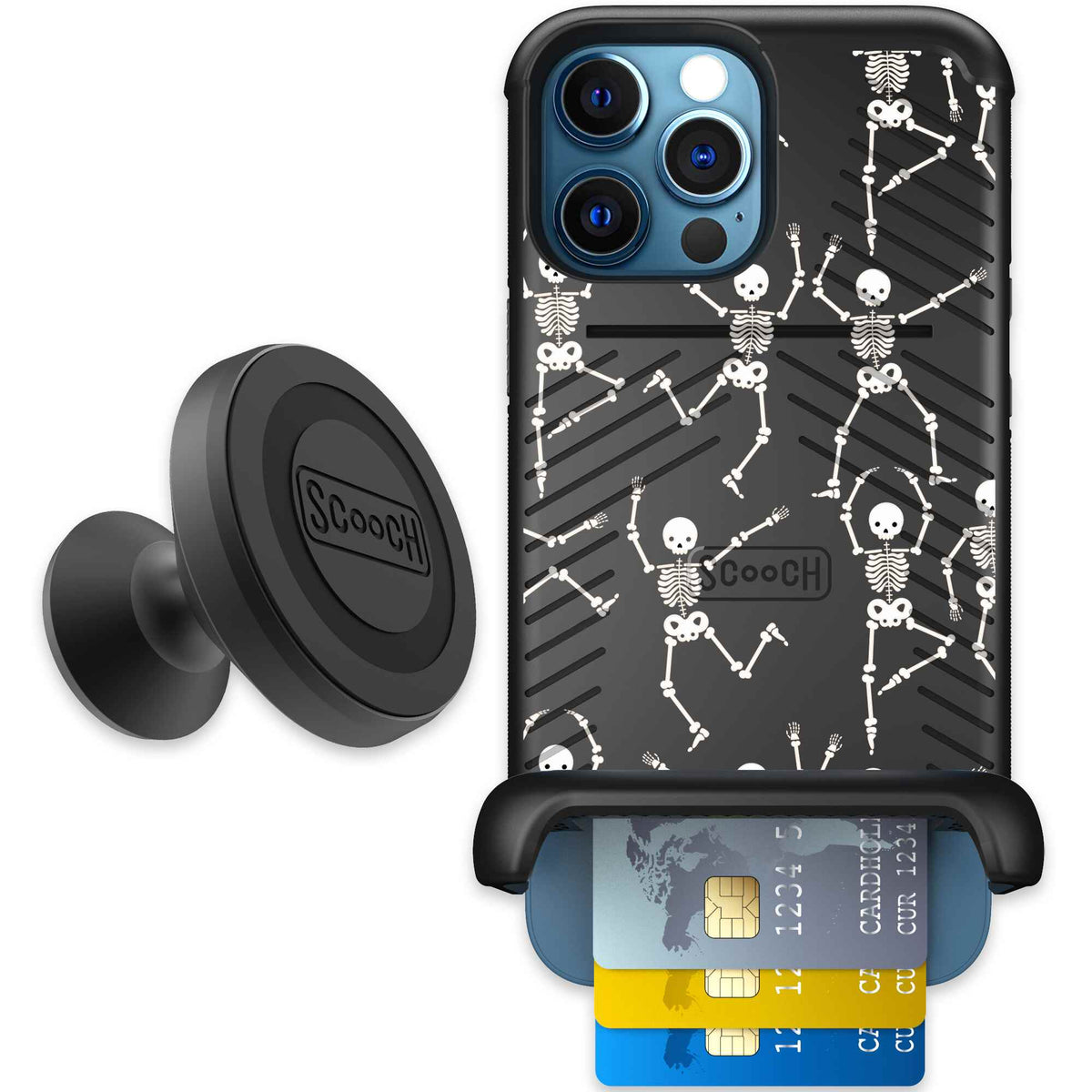 Swinging Skeletons white dancing skeleton pattern on a black Scooch Wingmate case for iPhone 12 Pro Max - Starter Bundle