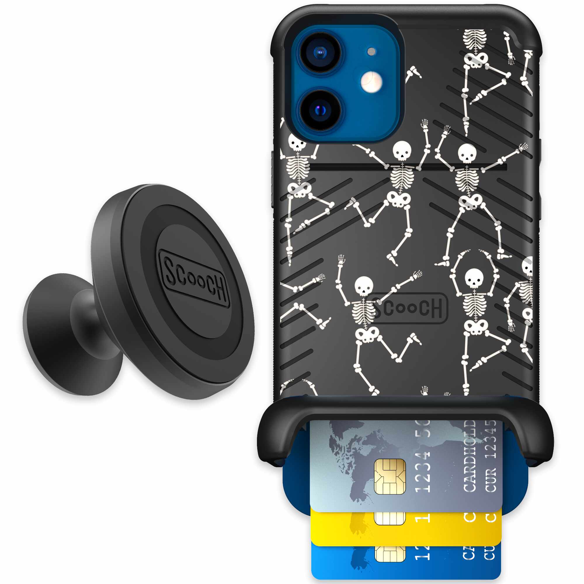 Swinging Skeletons white dancing skeleton pattern on a black Scooch Wingmate case for iPhone 12 - Starter Bundle