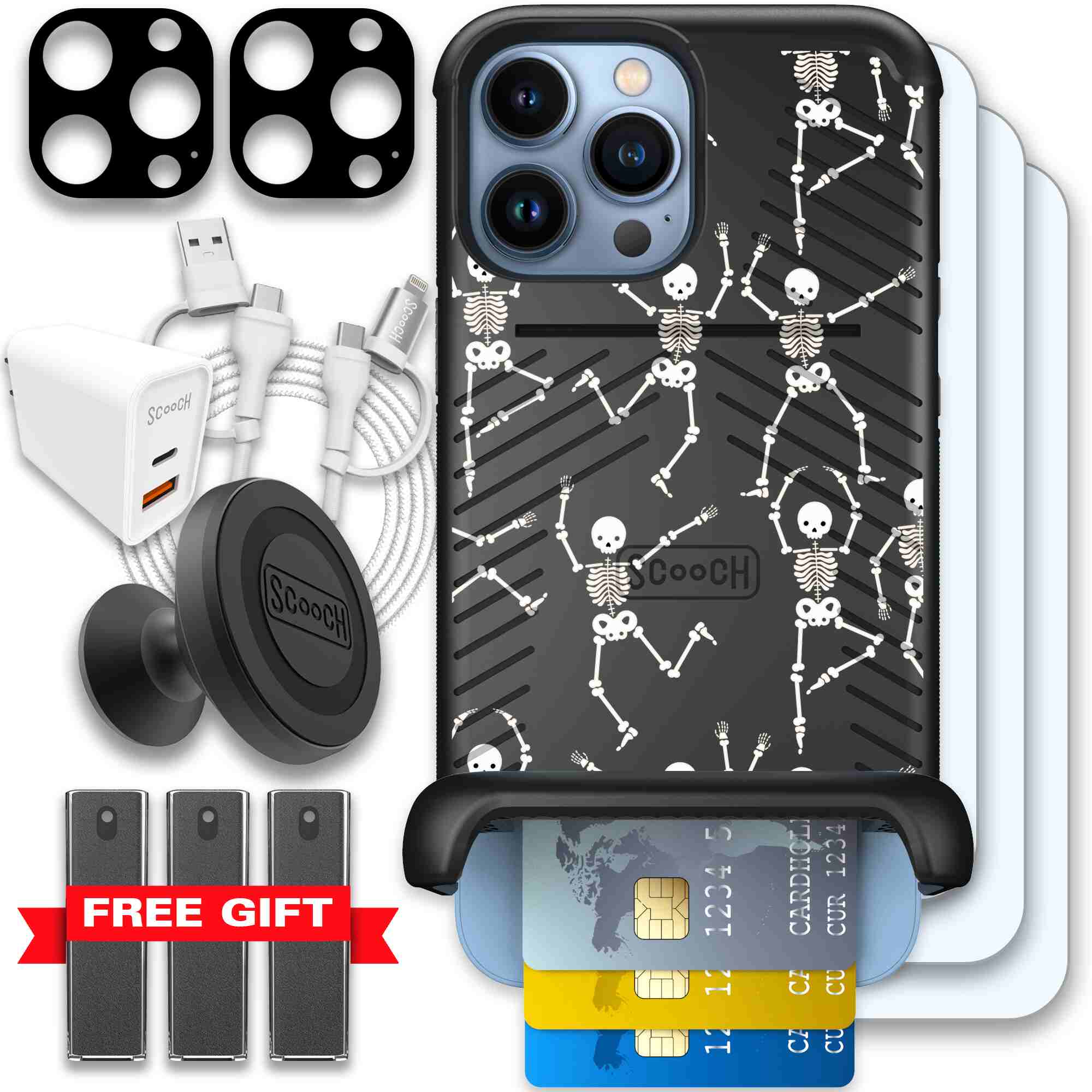 Swinging Skeletons white dancing skeleton pattern on a black Scooch Wingmate case for iPhone 13 Pro Max - Ultimate Bundle