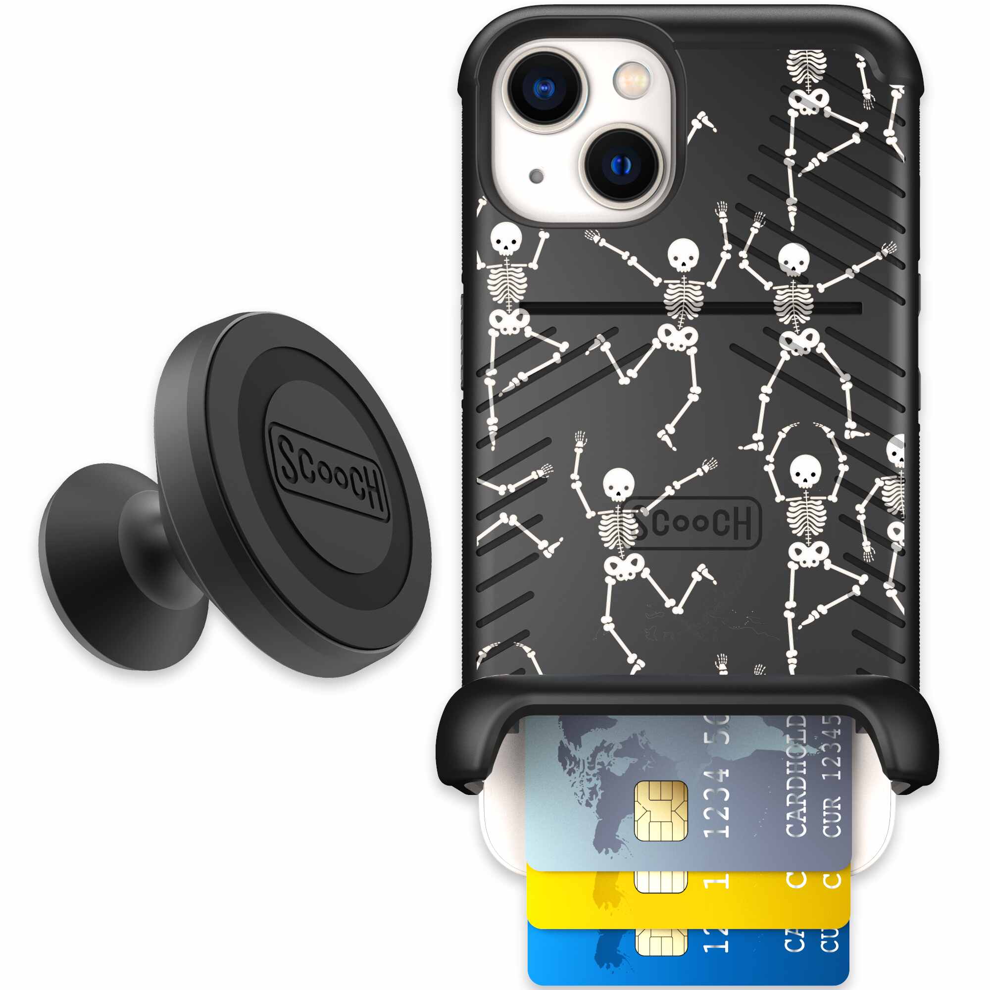 Swinging Skeletons white dancing skeleton pattern on a black Scooch Wingmate case for iPhone 13 - Starter Bundle