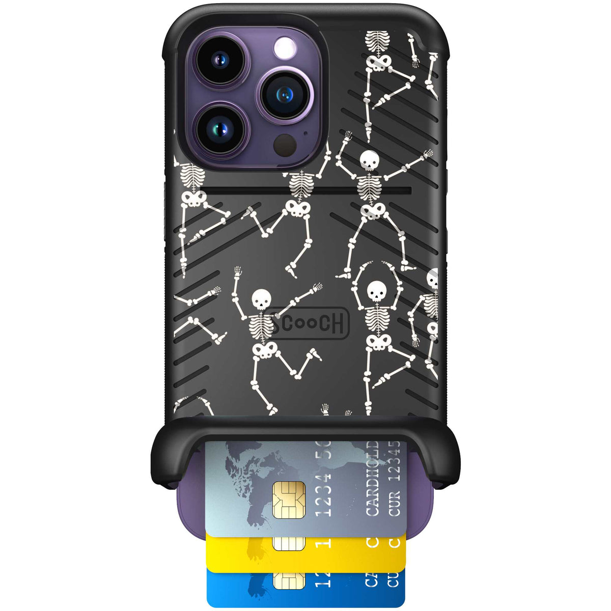 Swinging Skeletons white dancing skeleton pattern on a black Scooch Wingmate case for iPhone 14 Pro