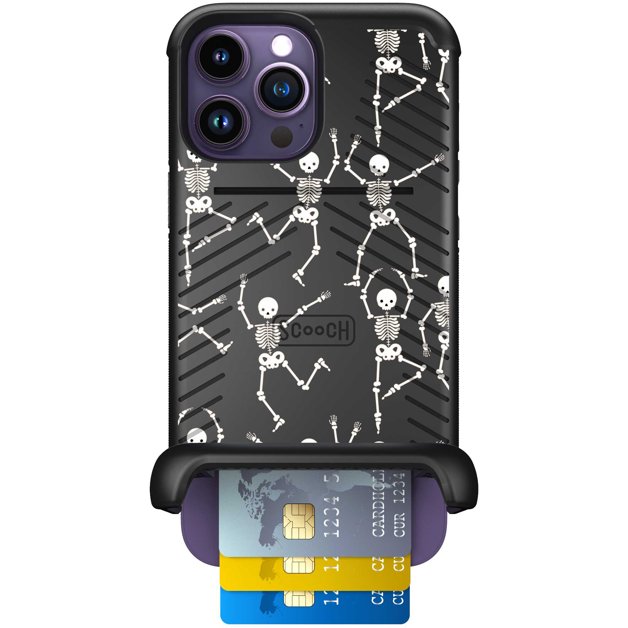 Swinging Skeletons white dancing skeleton pattern on a black Scooch Wingmate case for iPhone 14 Pro Max