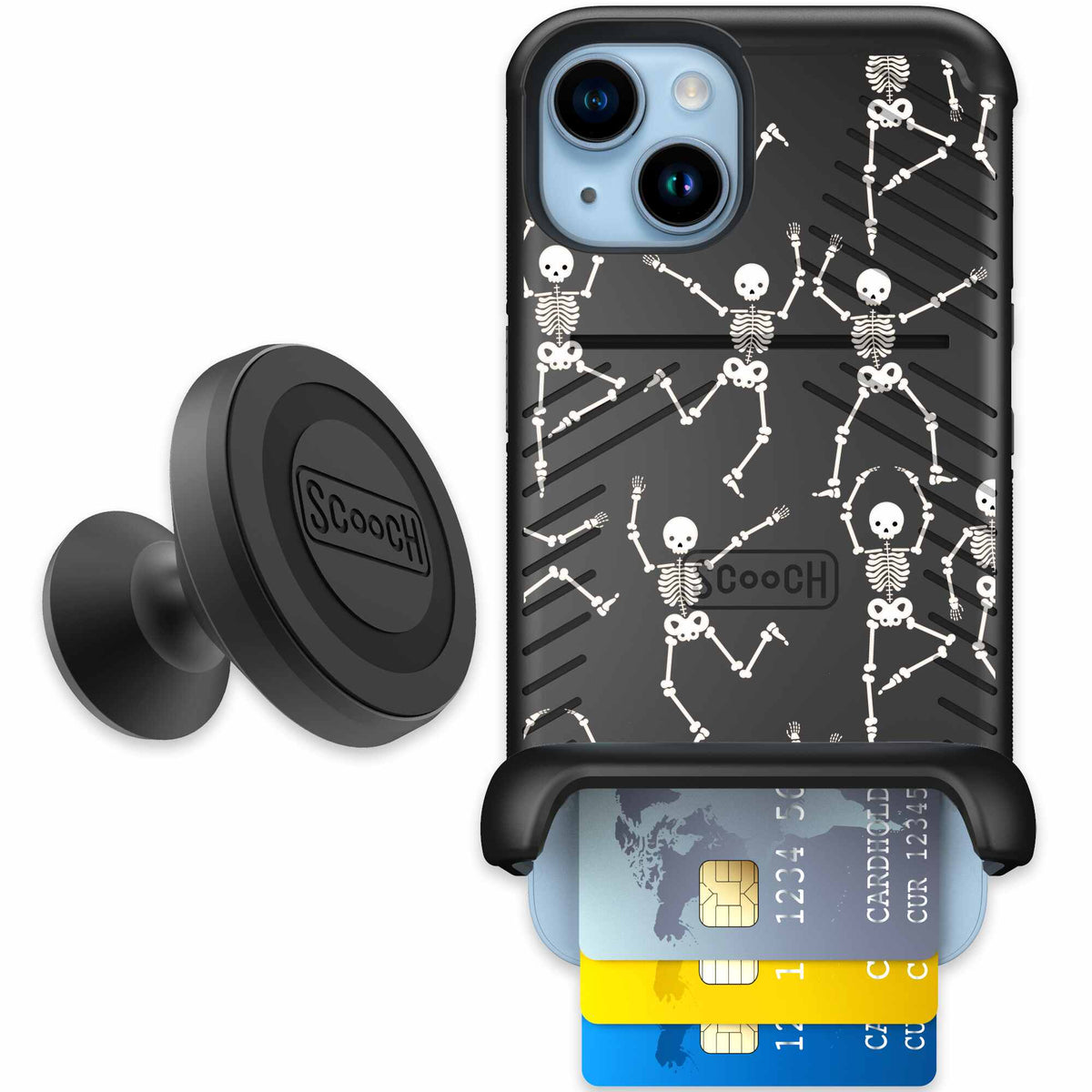 Swinging Skeletons white dancing skeleton pattern on a black Scooch Wingmate case for iPhone 14 - Starter Bundle