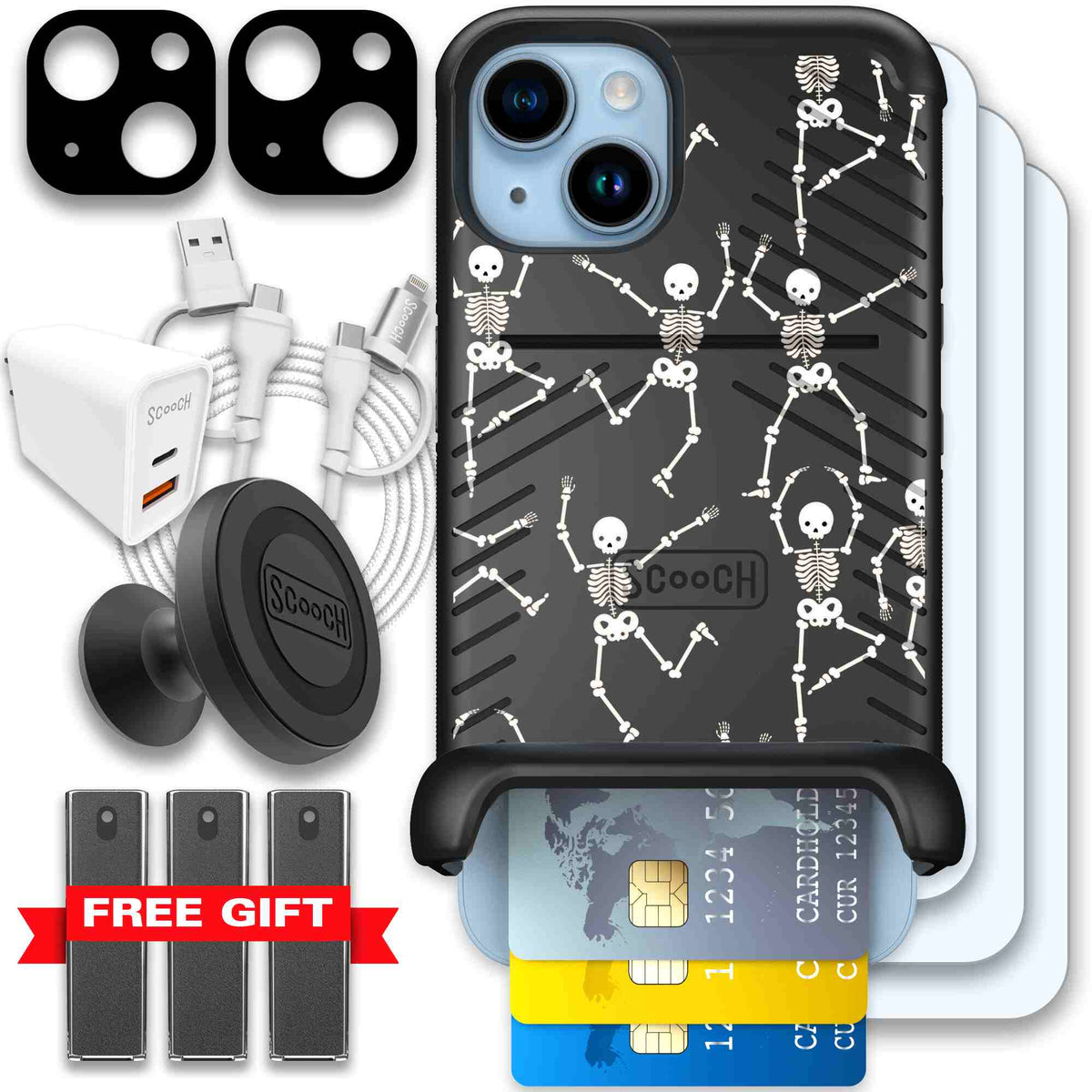 Swinging Skeletons white dancing skeleton pattern on a black Scooch Wingmate case for iPhone 14 - Ultimate Bundle