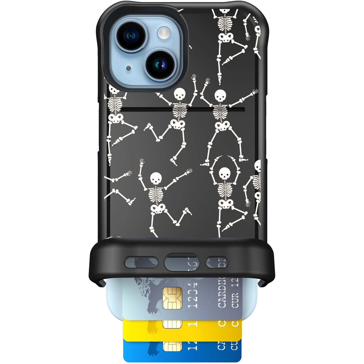 Swinging Skeletons white dancing skeleton pattern on a black Scooch Wingmate case for iPhone 15