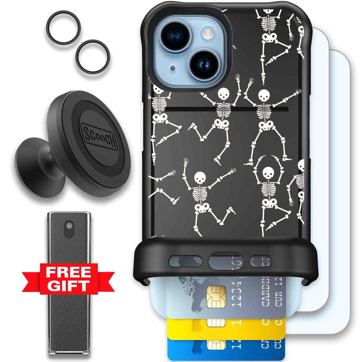 Swinging Skeletons white dancing skeleton pattern on a black Scooch Wingmate case for iPhone 15 - Defender Bundle