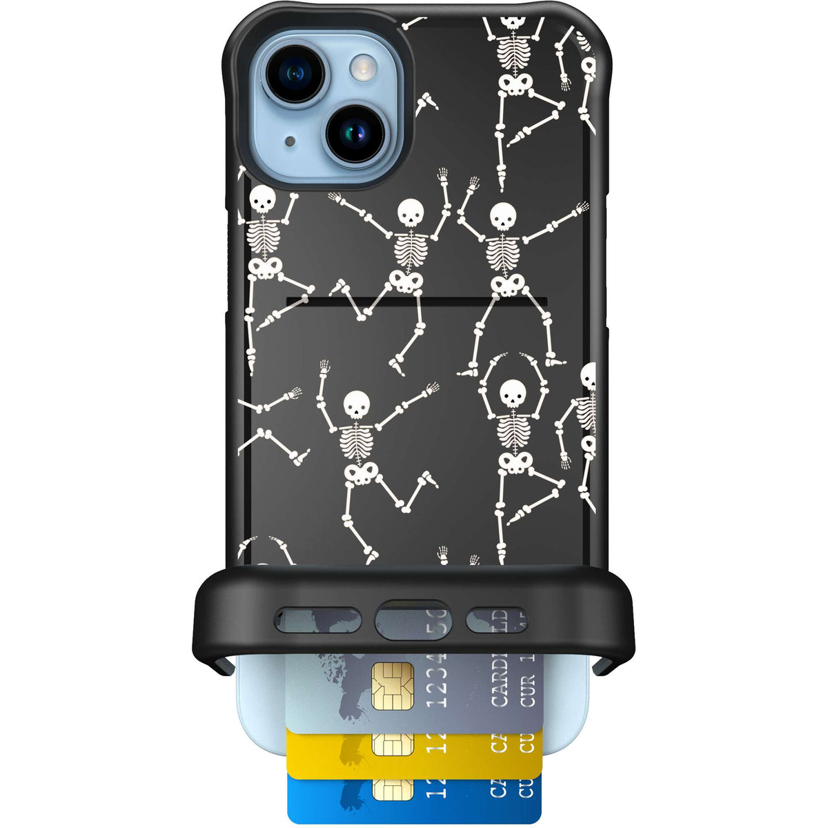 Swinging Skeletons white dancing skeleton pattern on a black Scooch Wingmate case for iPhone 15 Plus