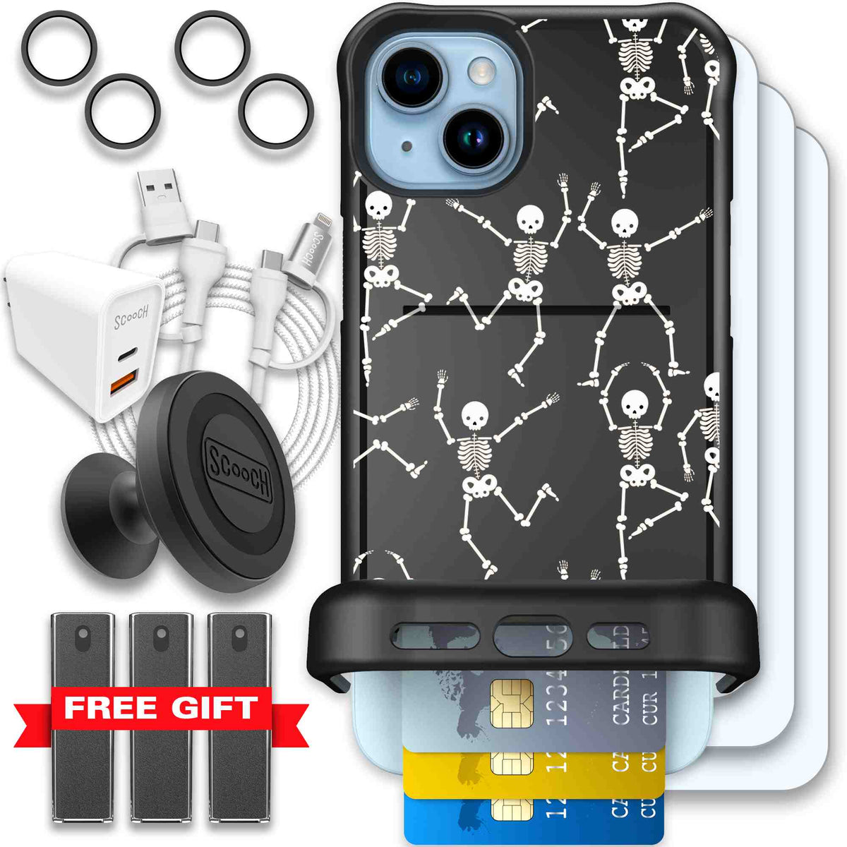 Swinging Skeletons white dancing skeleton pattern on a black Scooch Wingmate case for iPhone 15 Plus - Ultimate Bundle