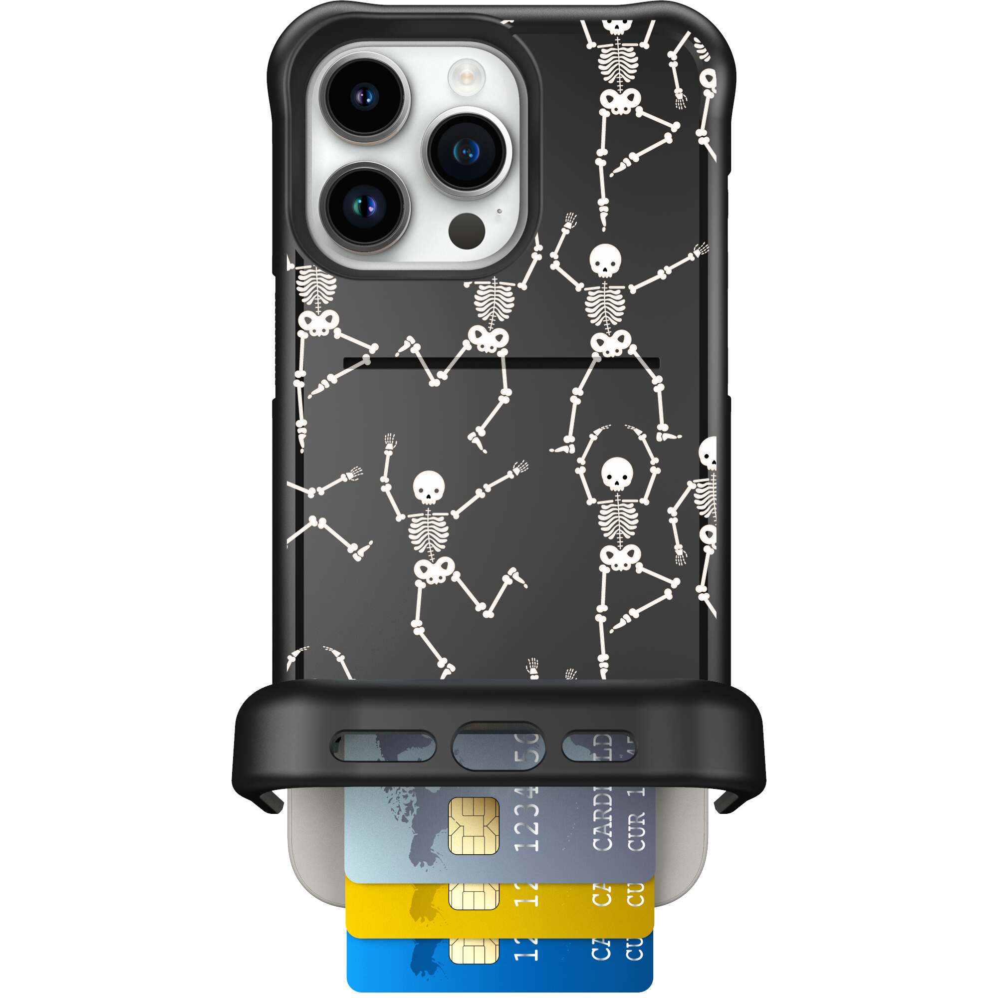 Swinging Skeletons white dancing skeleton pattern on a black Scooch Wingmate case for iPhone 15 Pro Max