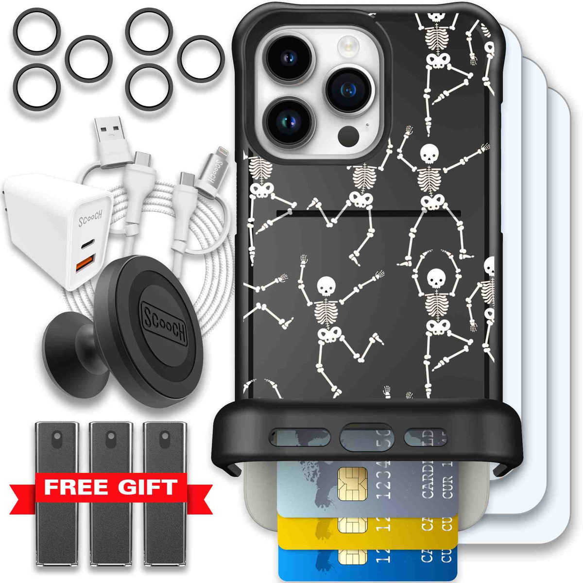 Swinging Skeletons white dancing skeleton pattern on a black Scooch Wingmate case for iPhone 15 Pro Max - Ultimate Bundle
