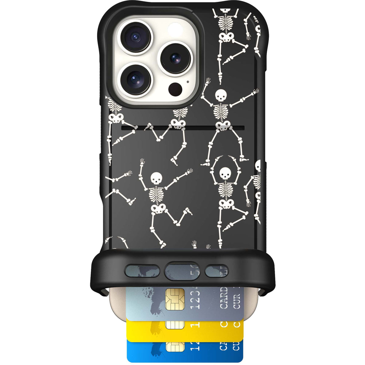 Swinging Skeletons white dancing skeleton pattern on a black Scooch Wingmate case for iPhone 16 Pro