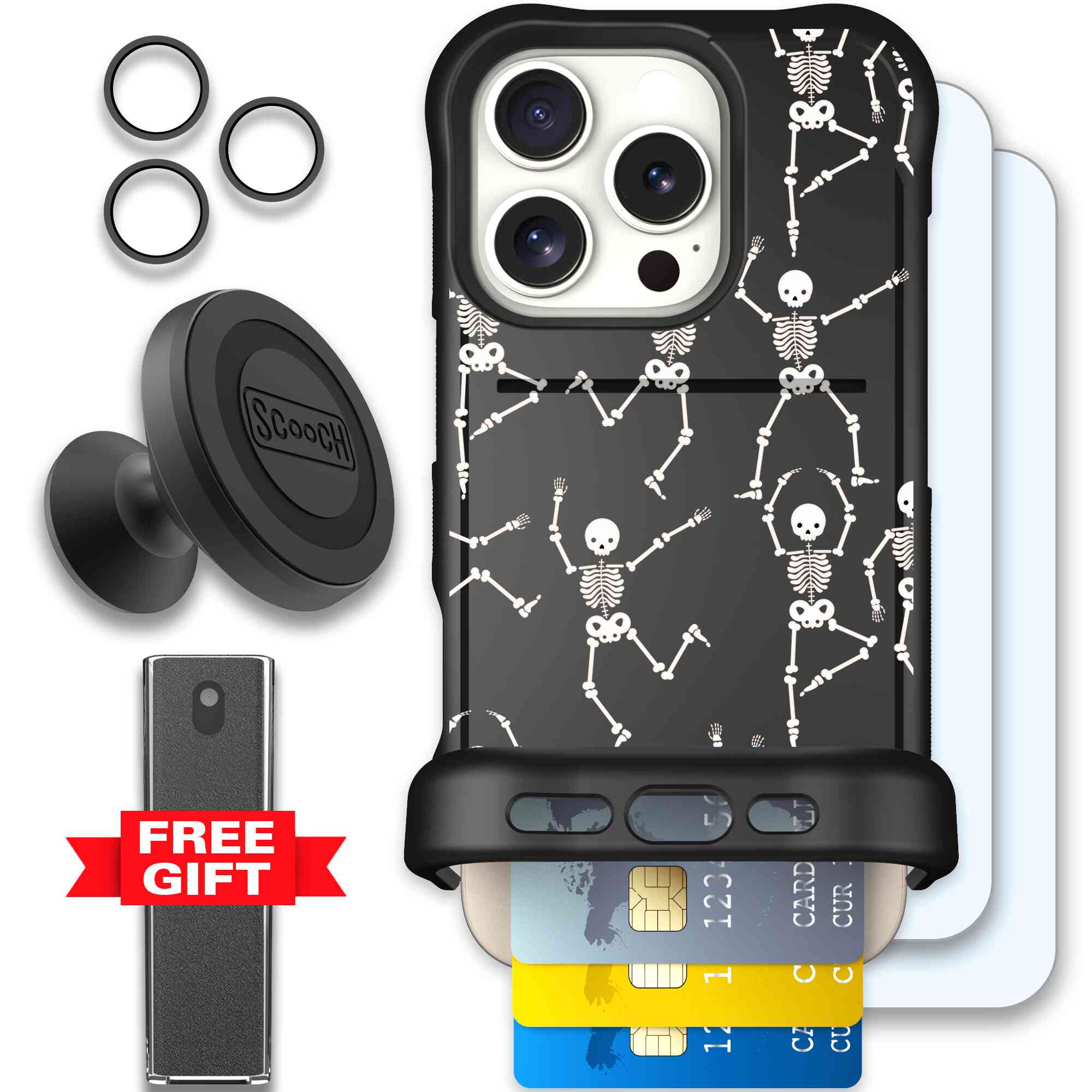 Swinging Skeletons white dancing skeleton pattern on a black Scooch Wingmate case for iPhone 16 Pro - Defender Bundle
