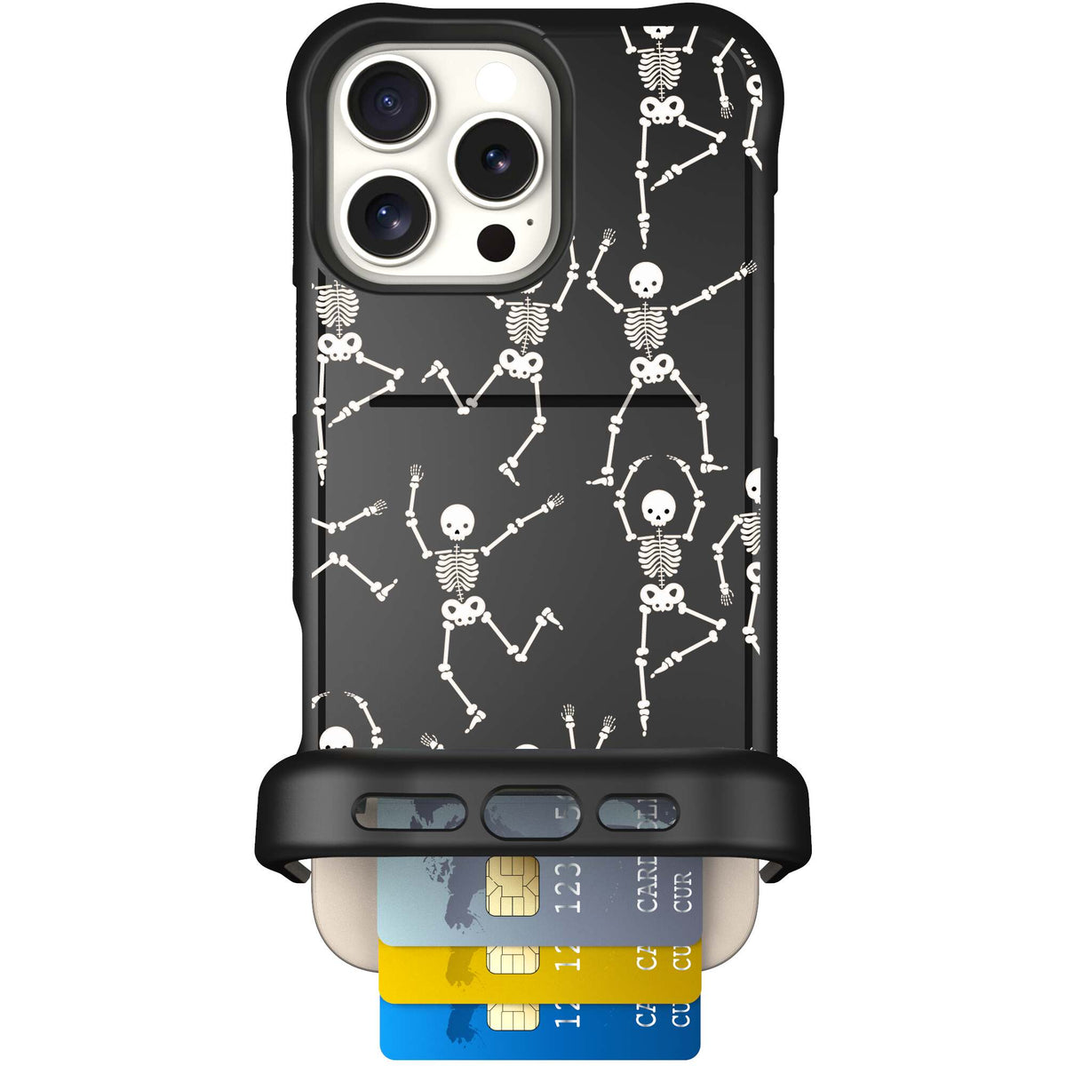 Swinging Skeletons white dancing skeleton pattern on a black Scooch Wingmate case for iPhone 16 Pro Max