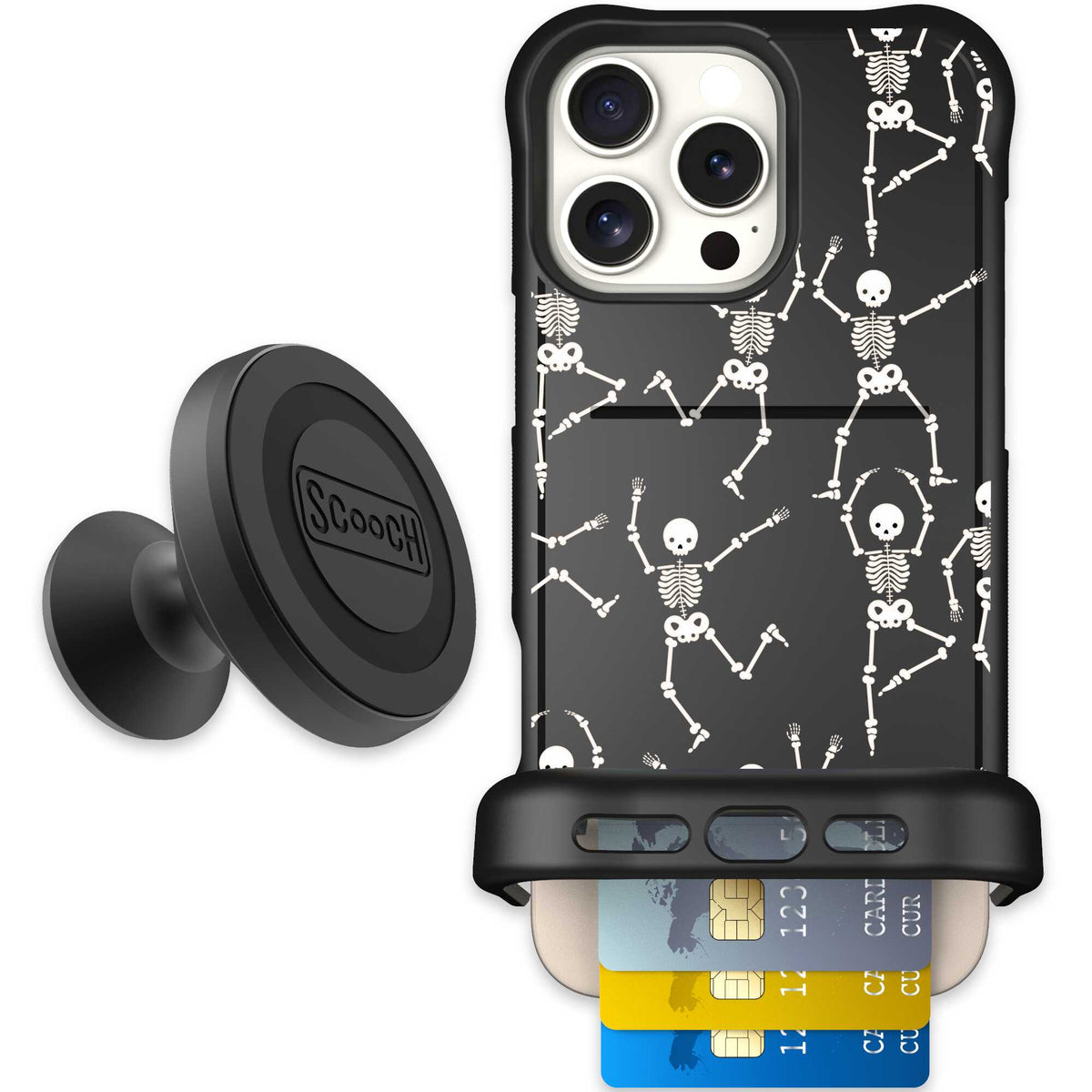 Swinging Skeletons white dancing skeleton pattern on a black Scooch Wingmate case for iPhone 16 Pro Max - Starter Bundle