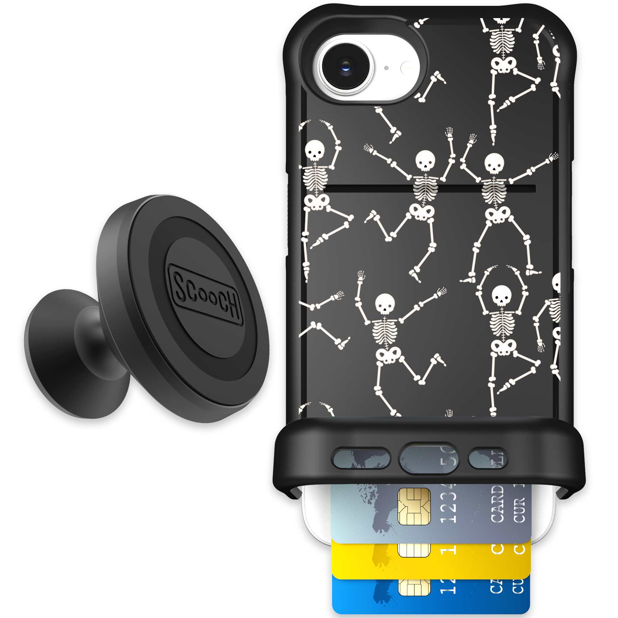 Swinging Skeletons white dancing skeleton pattern on a black Scooch Wingmate case for iPhone 17e - Starter Bundle